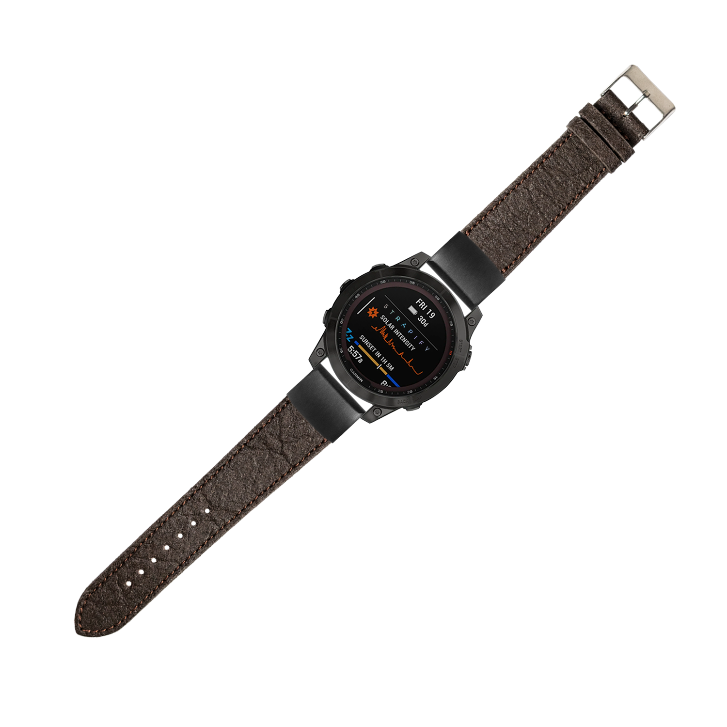 Black smartwatch fitted with a dark brown pineapple vegan leather Garmin QuickFit watch band and metal buckle