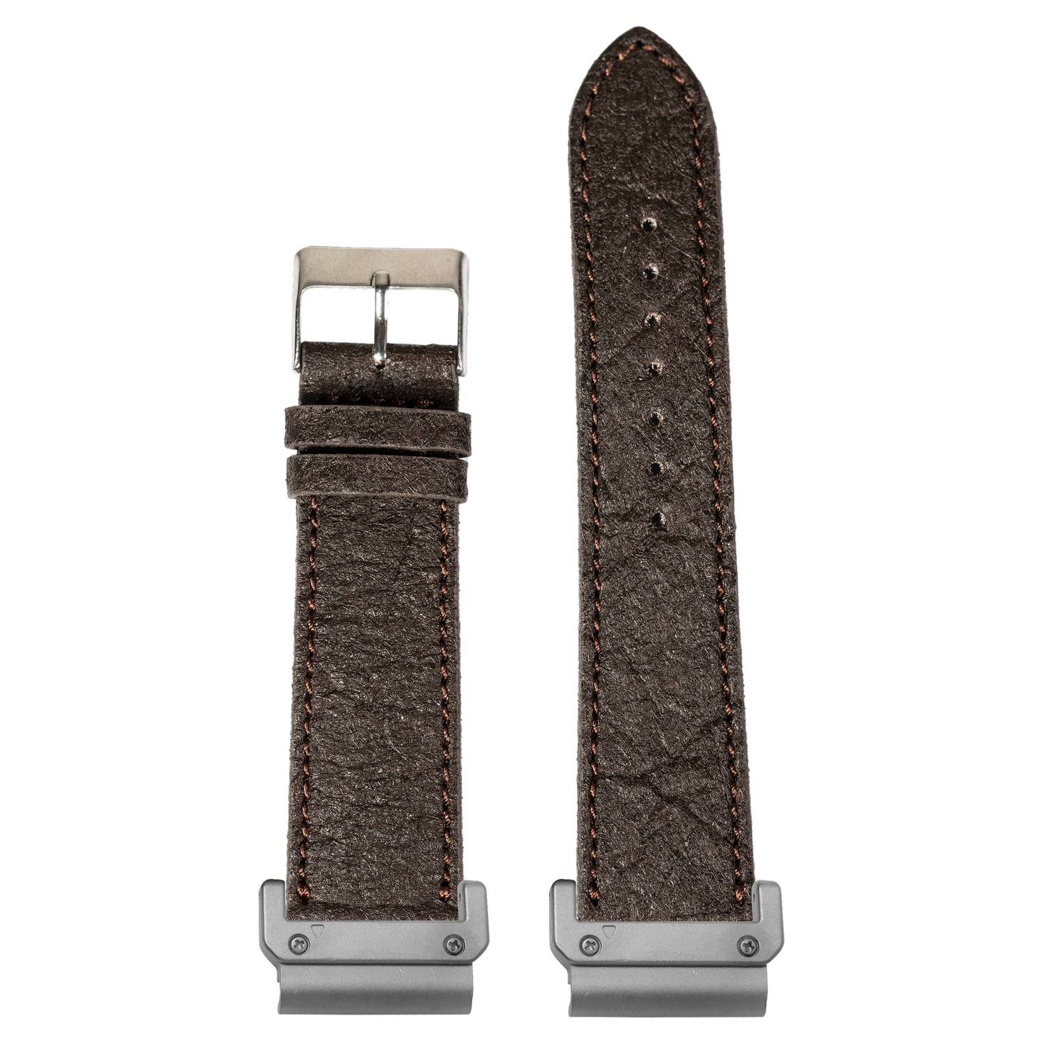 Dark brown pineapple vegan leather watch band with Garmin QuickFit adapters attached to both ends, flat lay