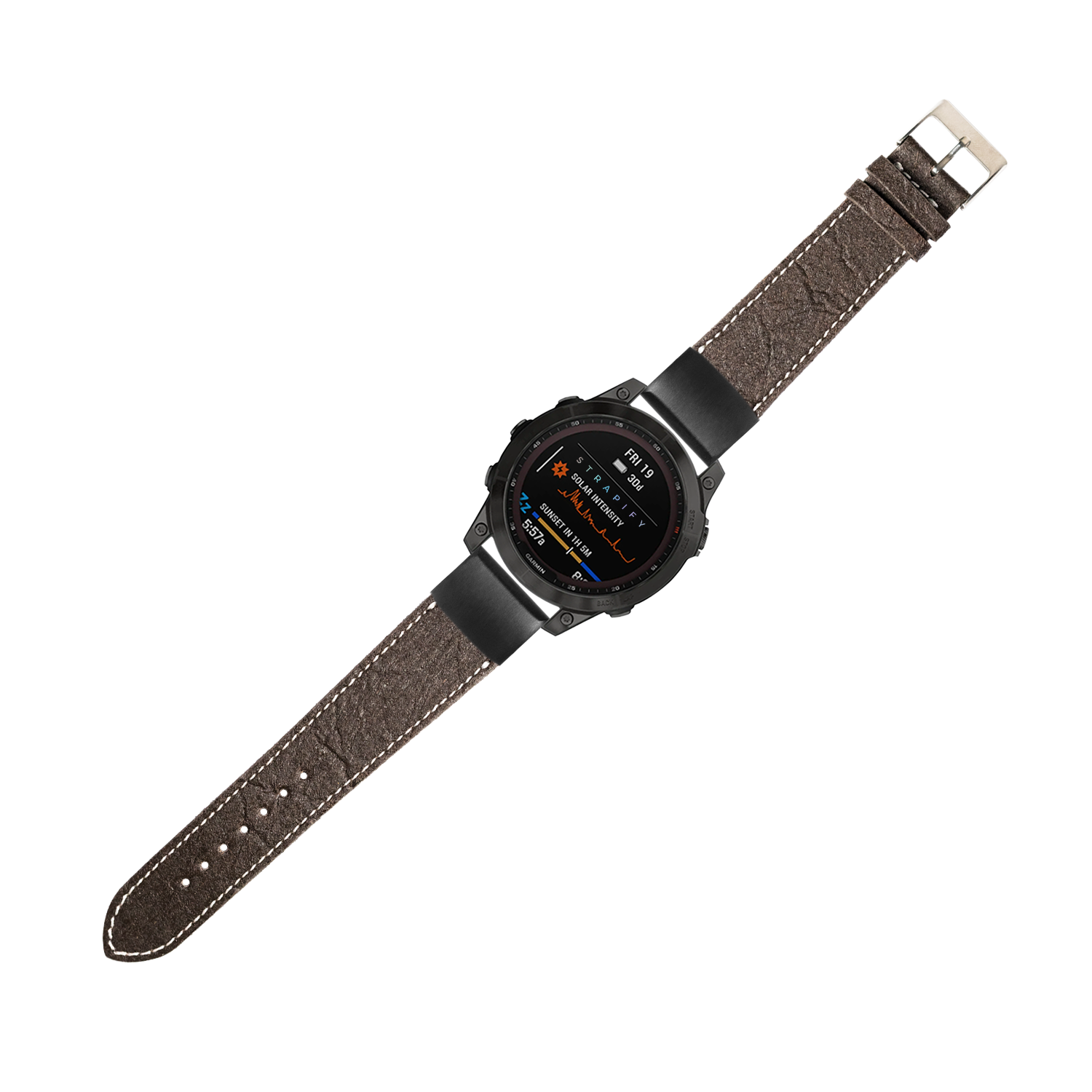 Black smartwatch with round AMOLED display fitted with a dark brown pineapple vegan leather band with white stitching
