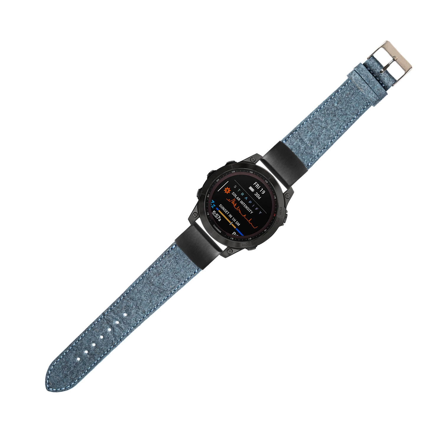 Black smartwatch fitted with a denim blue pineapple vegan leather Garmin QuickFit watch band and silver buckle