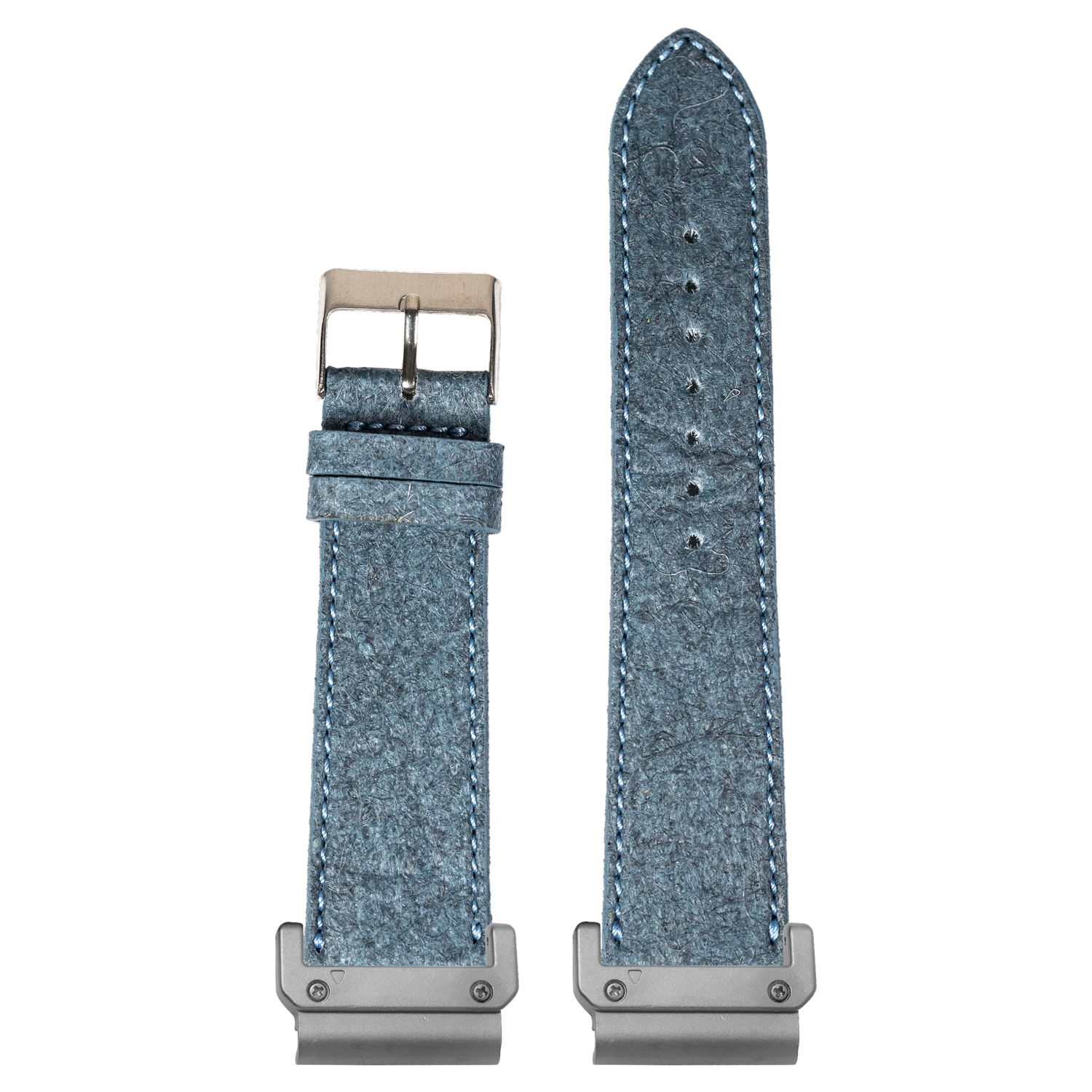 Denim blue pineapple vegan leather watch band with Garmin QuickFit adapters attached to both ends, flat lay