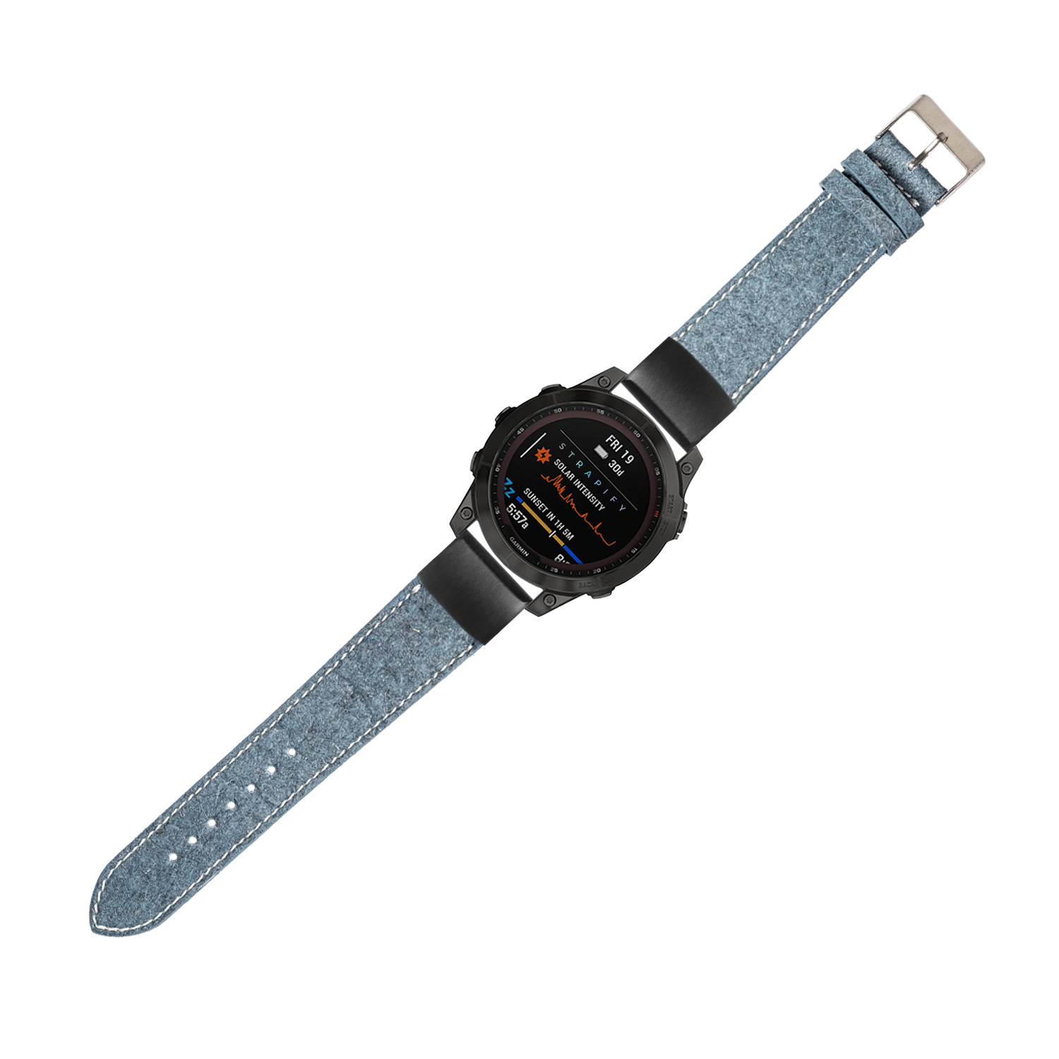 Black smartwatch fitted with a denim blue pineapple vegan leather band with white stitching