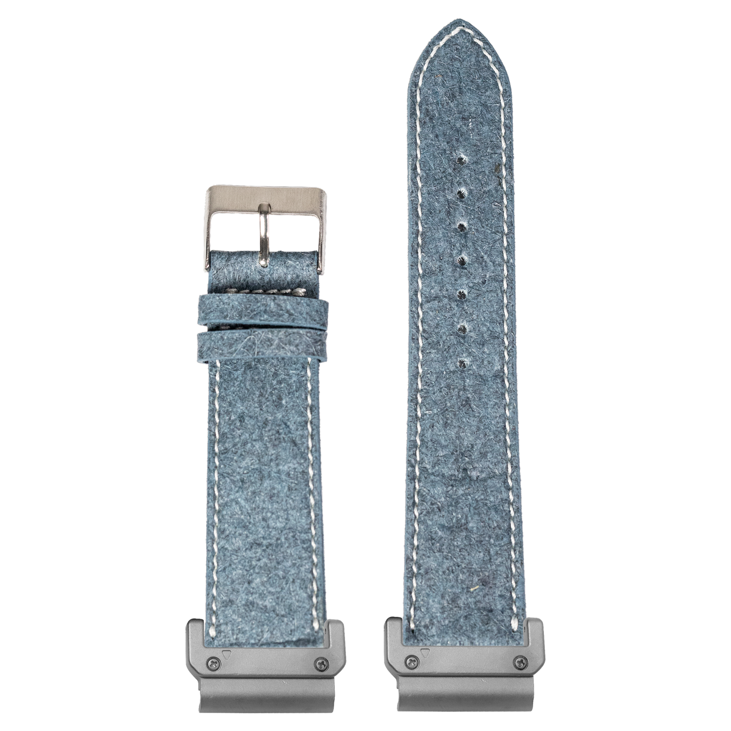 Denim blue pineapple vegan leather watch band with white stitching and Garmin QuickFit adapters attached to both ends, flat lay