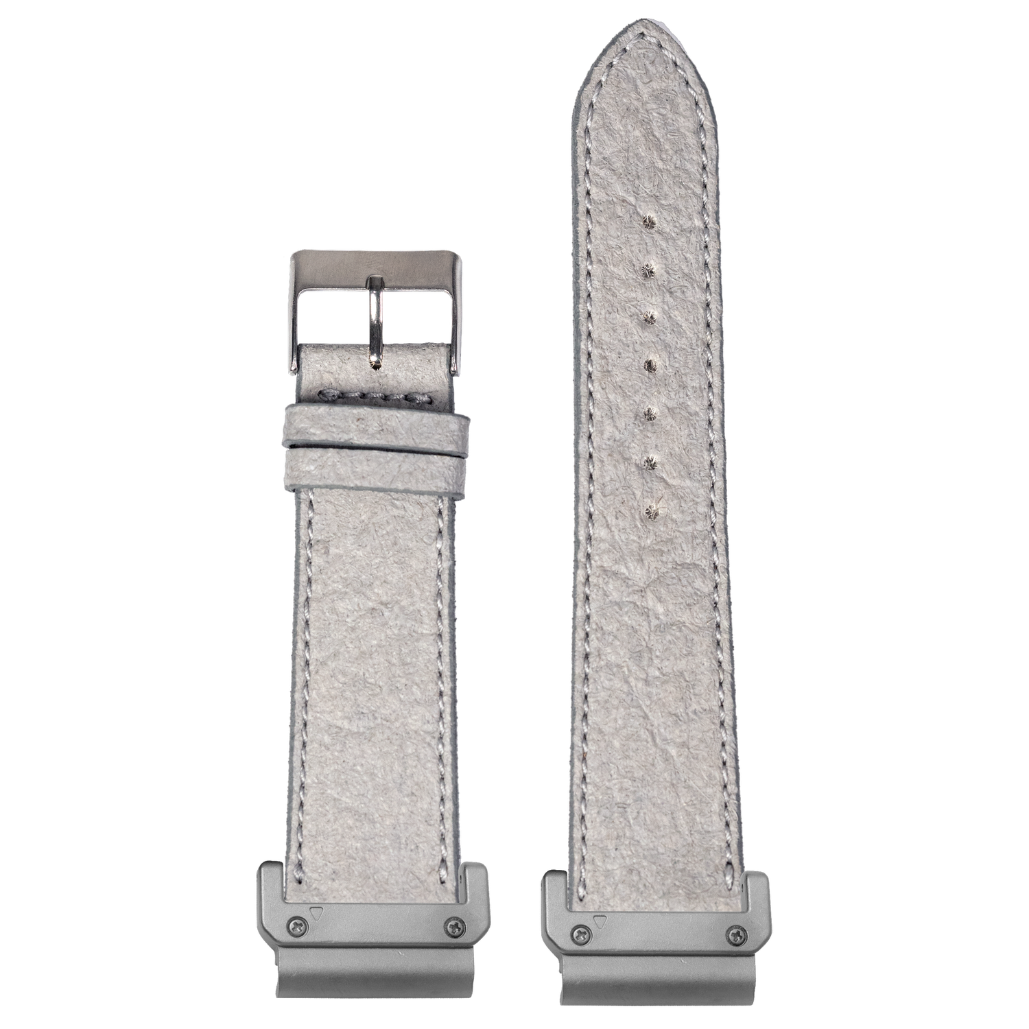 Grey pineapple vegan leather watch band with Garmin QuickFit adapters attached to both ends, flat lay