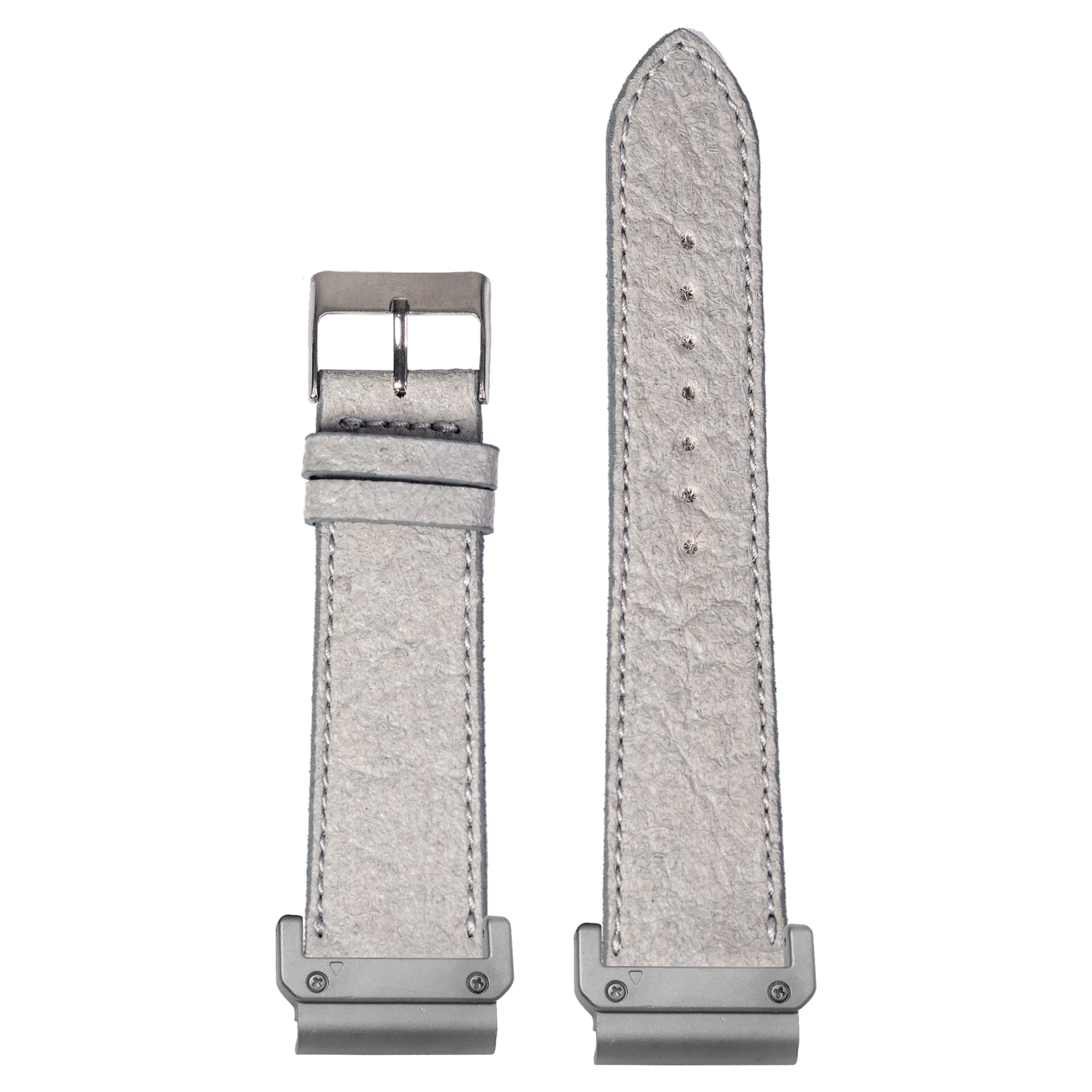 Grey pineapple vegan leather watch band with white stitching and Garmin QuickFit adapters attached to both ends, flat lay