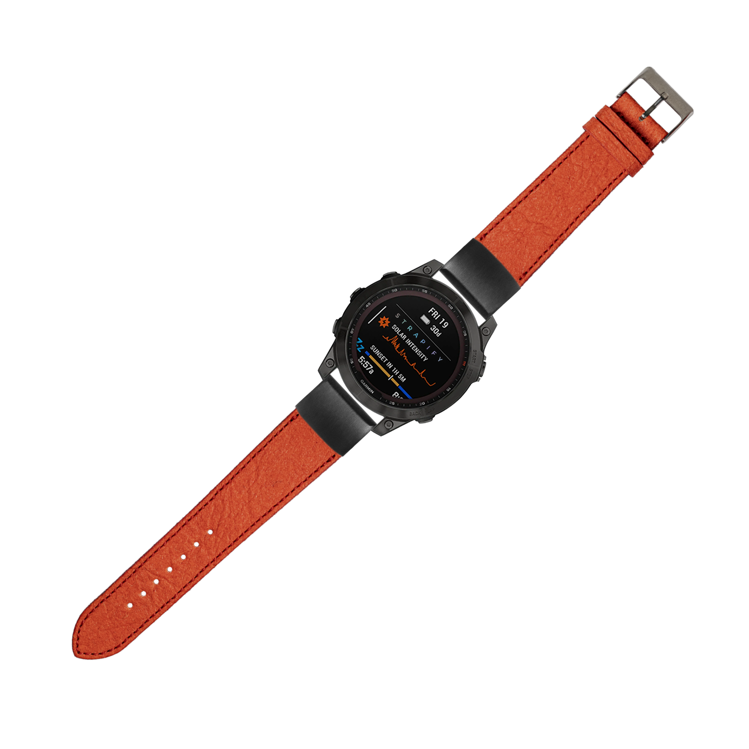Red pineapple vegan leather Garmin QuickFit watch band with black hardware and buckle closure