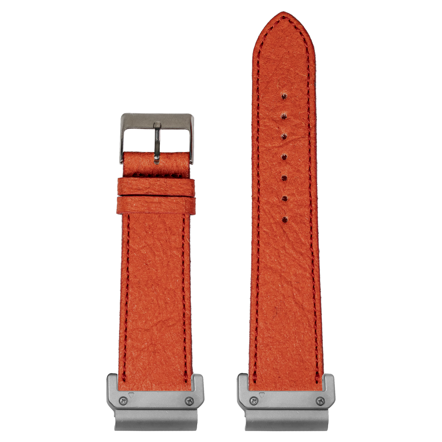 Red pineapple vegan leather watch band with Garmin QuickFit adapters attached to both ends, flat lay