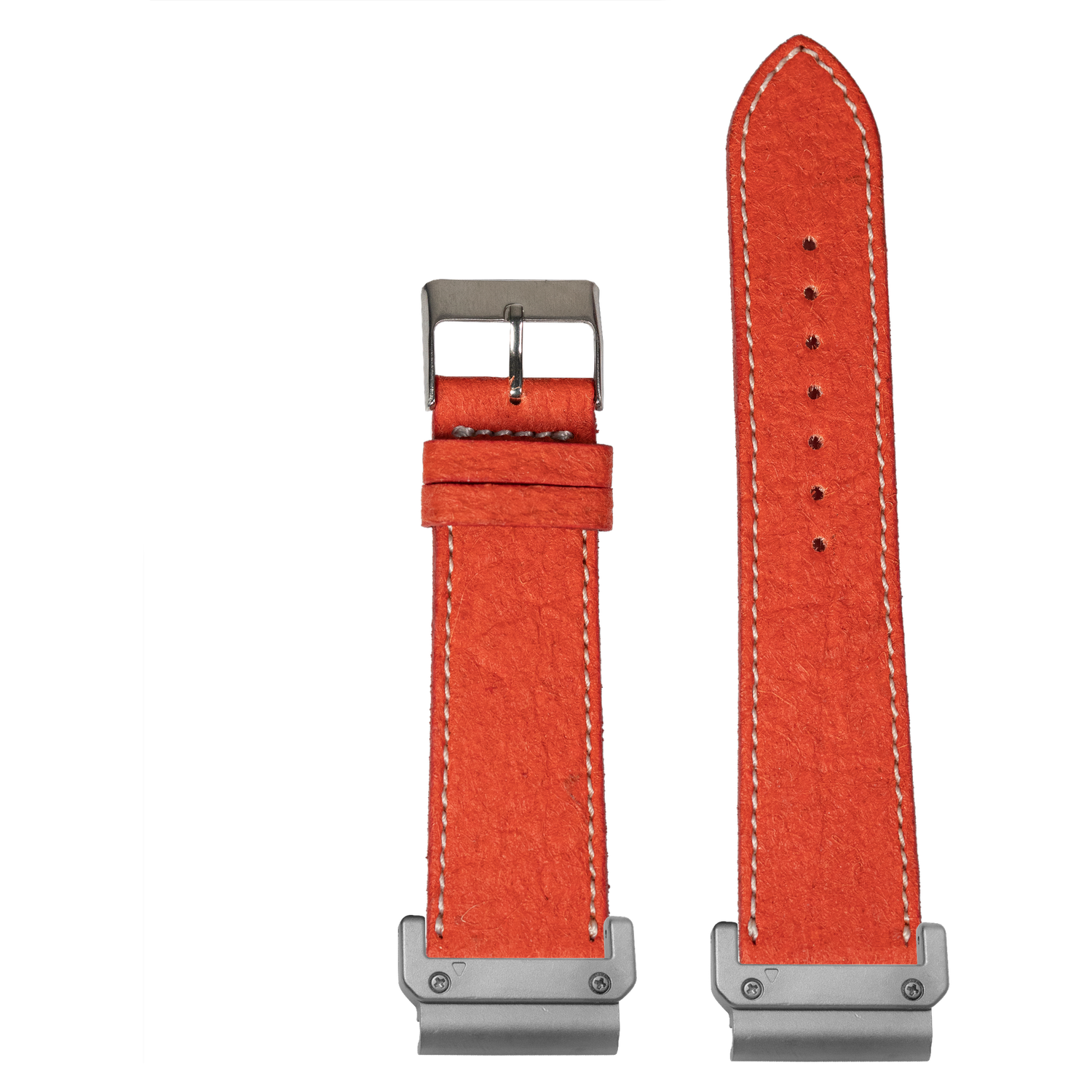Red pineapple vegan leather watch band with white stitching and Garmin QuickFit adapters attached to both ends, flat lay