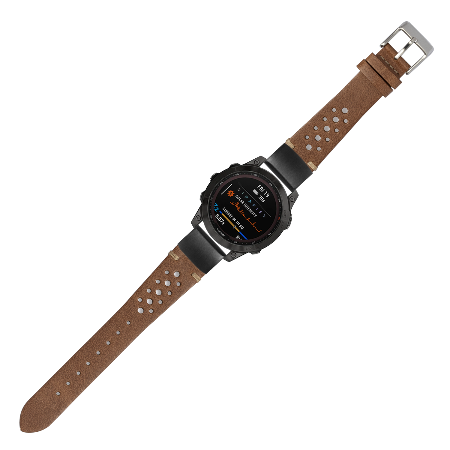 Black digital smartwatch with brown perforated leather strap and silver buckle displaying fitness metrics on AMOLED screen
