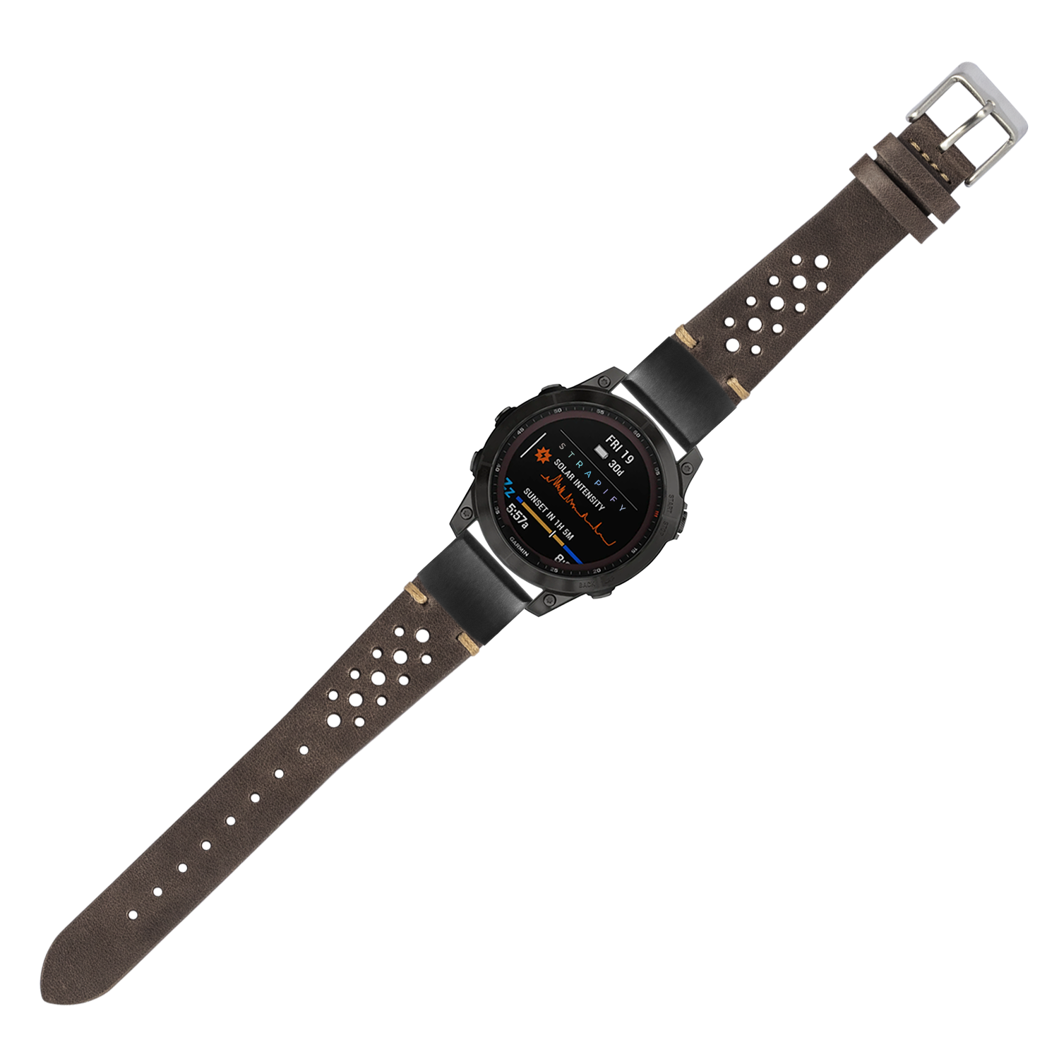 Tactical smartwatch with dark brown perforated leather strap, black digital display showing multiple data fields, and silver buckle closure