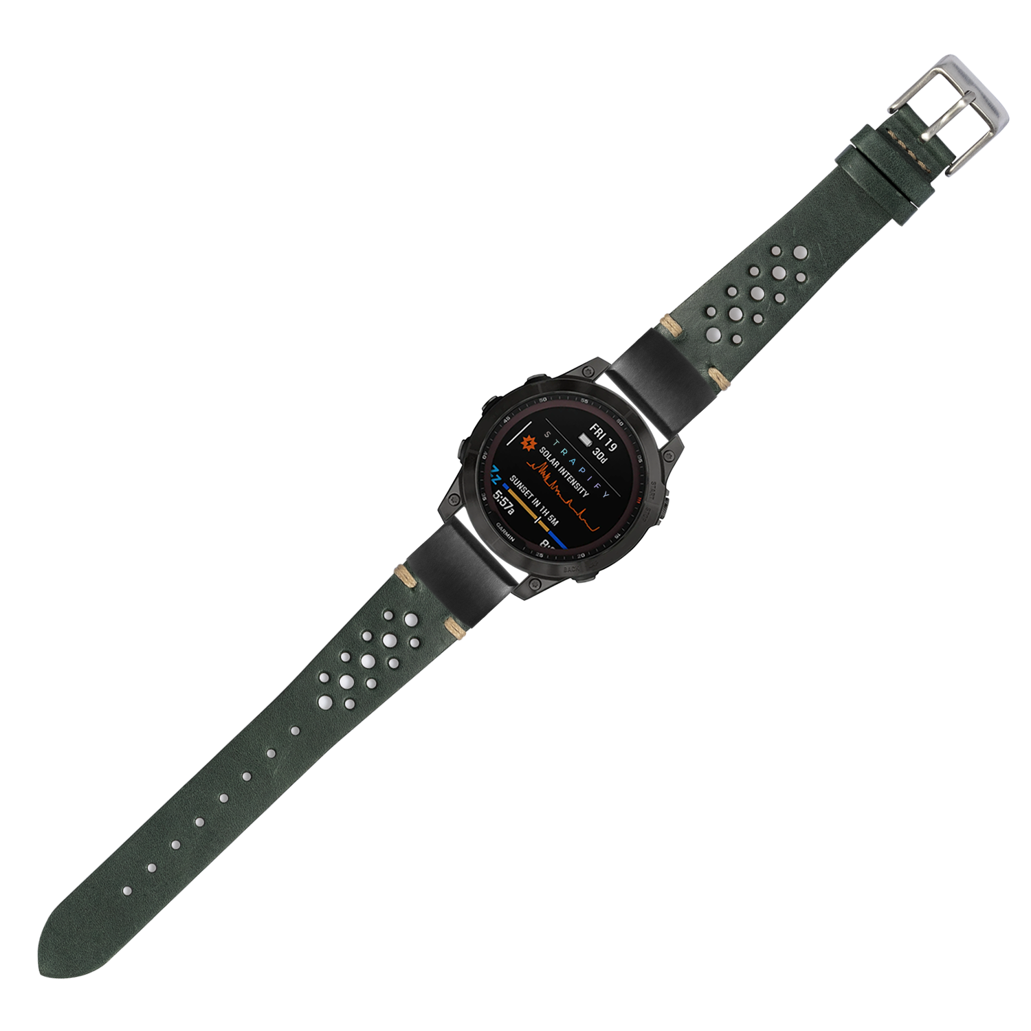 Tactical smartwatch with forest green perforated leather band and digital AMOLED display showing fitness metrics