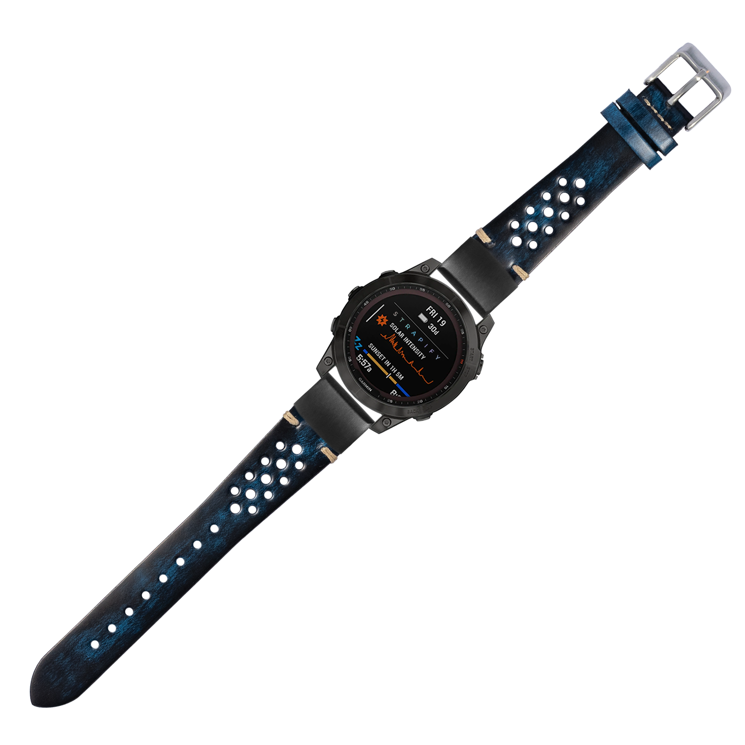 Vintage Rally Leather smartwatch band in smoked blue with white perforations and silver buckle, 20mm quick fit strap