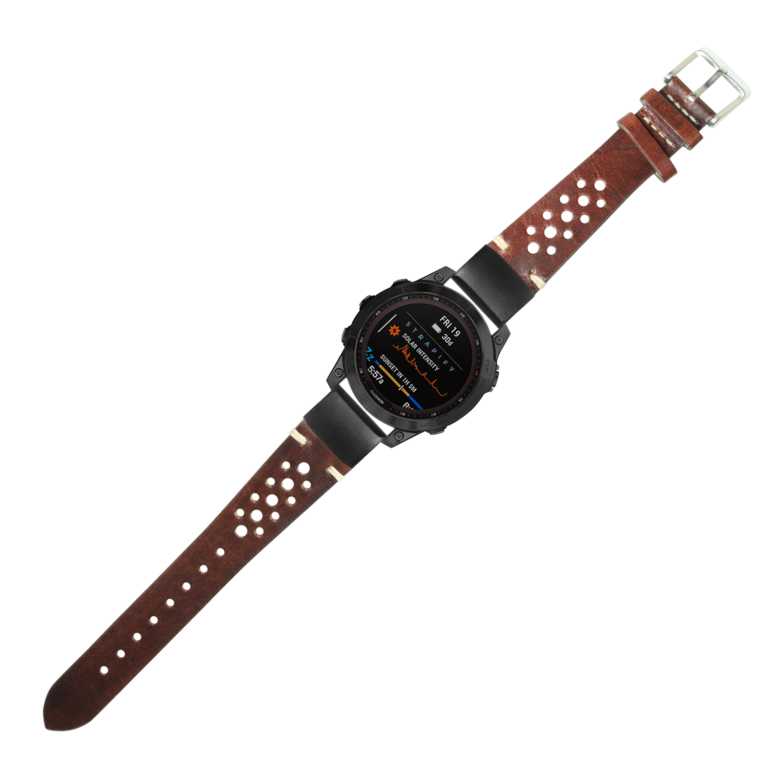 Smartwatch with black digital face and vintage brown perforated leather strap with metal buckle and quick-fit connector