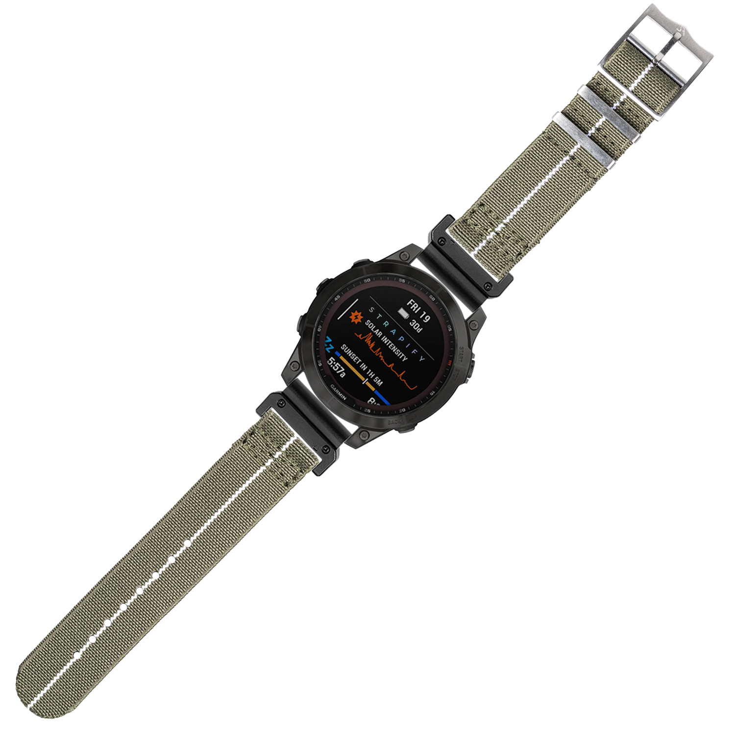 Black digital smartwatch with army green elastic fabric band and white stripe, featuring AMOLED display with health metrics