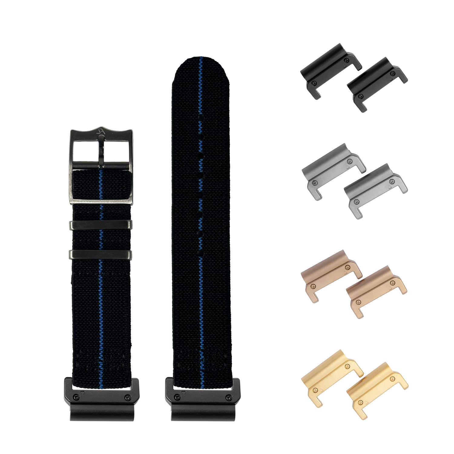 QuickFit ElastoFlex black nylon watch band with blue stitching and interchangeable metal lugs in multiple finishes