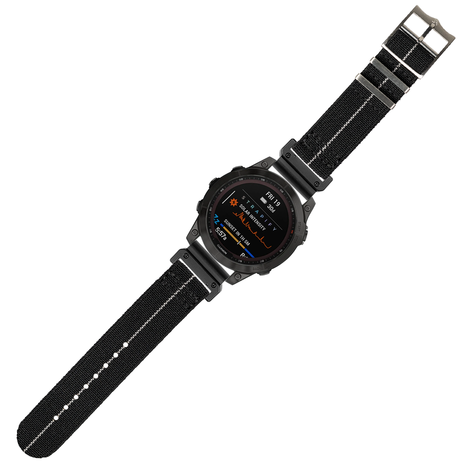 Black tactical smartwatch with AMOLED display and black fabric QuickFit band, showing fitness metrics and weather data