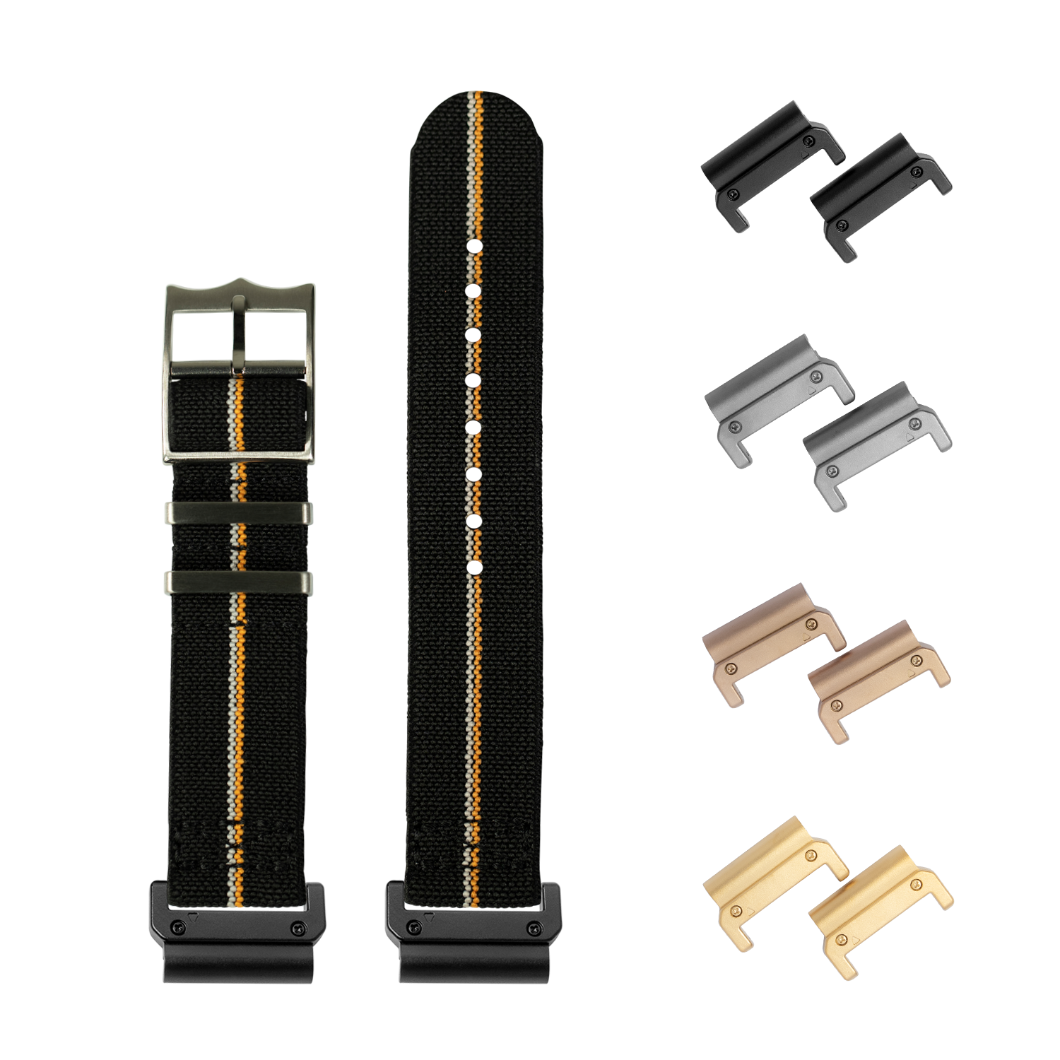 QuickFit ElastoFlex black fabric watch strap with orange and white stripes, includes interchangeable metal lugs in multiple finishes
