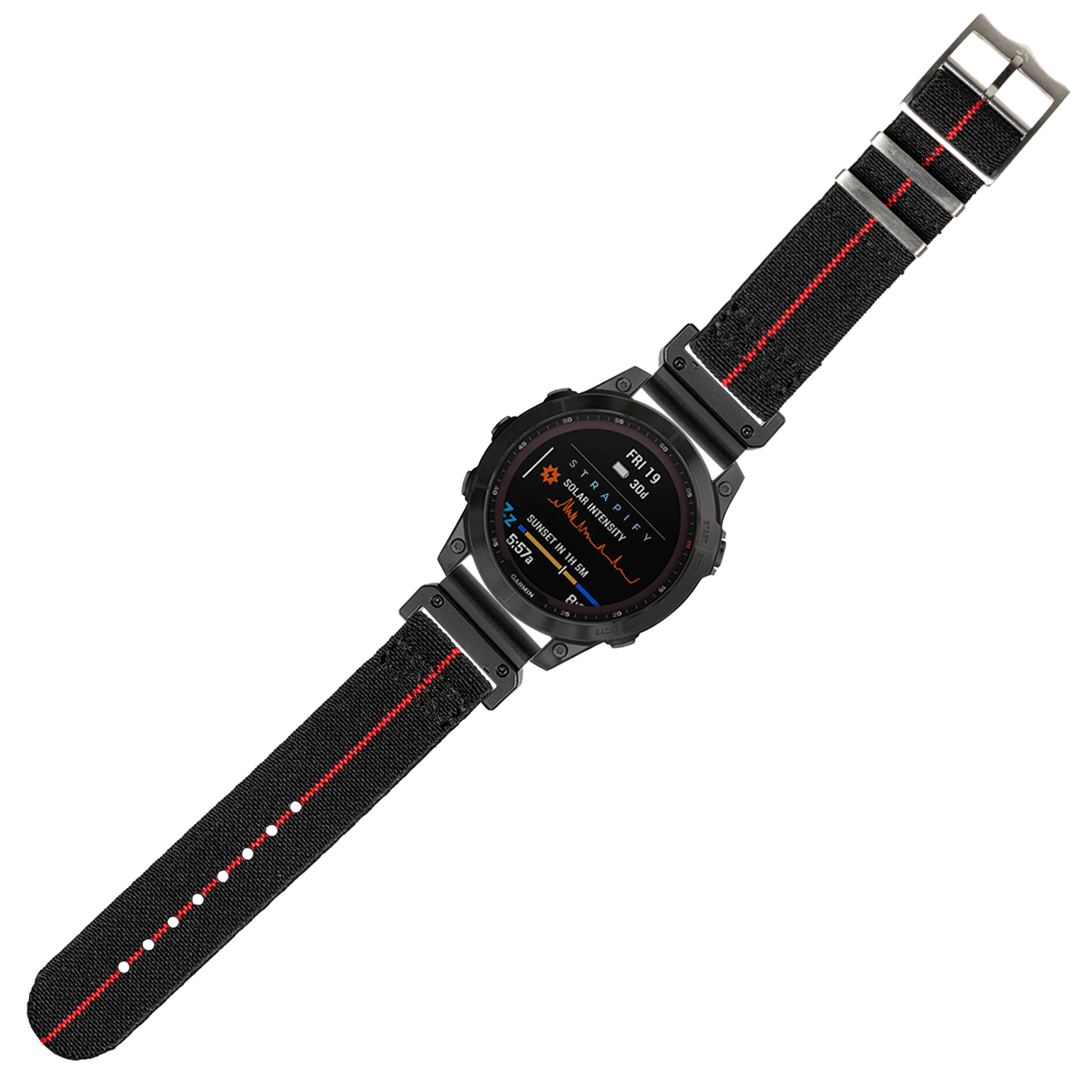 Black and red elastic fabric 26mm smartwatch band with metal buckle and colorful digital display showing fitness metrics