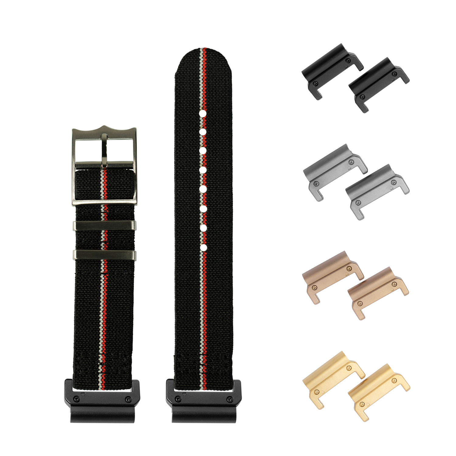 QuickFit ElastoFlex black fabric watch band with red and white stripe, two lengths, multiple metal lugs in black, silver, rose gold and gold finishes