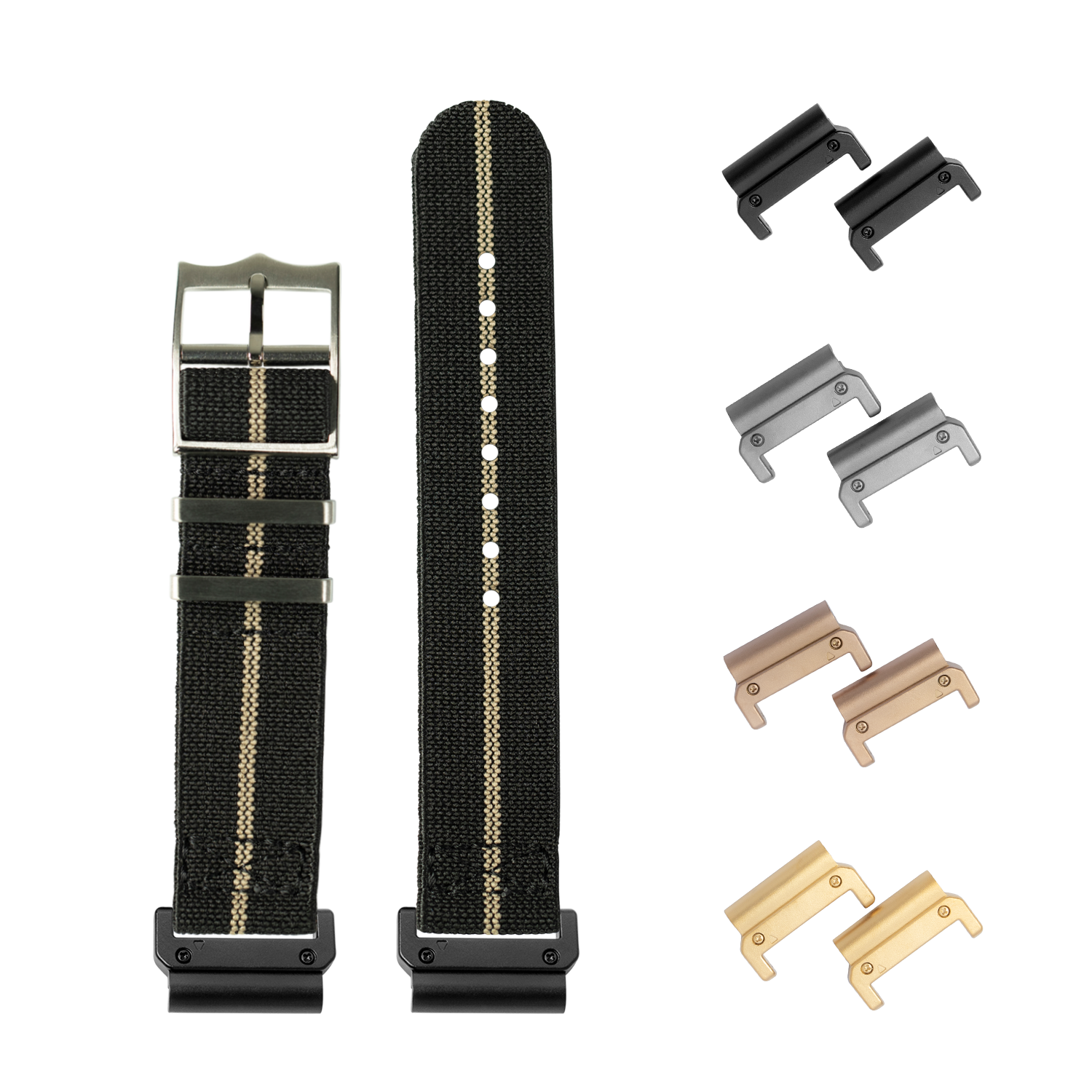 QuickFit ElastoFlex black and wheat elastic watch band with interchangeable lugs in multiple finishes