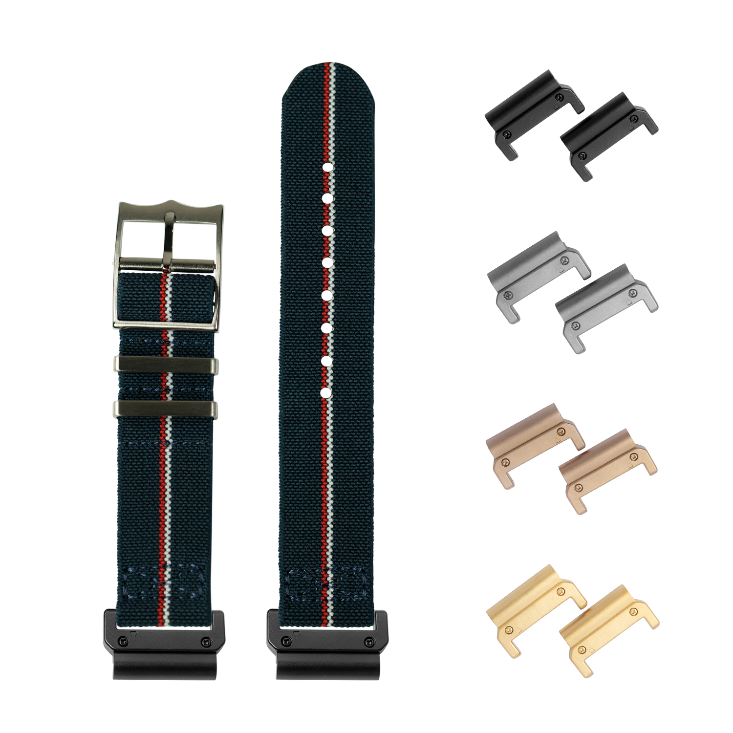 QuickFit ElastoFlex 22mm blue fabric watch band with white and red stripe, metal buckle and interchangeable lugs in black, silver, bronze and gold finishes