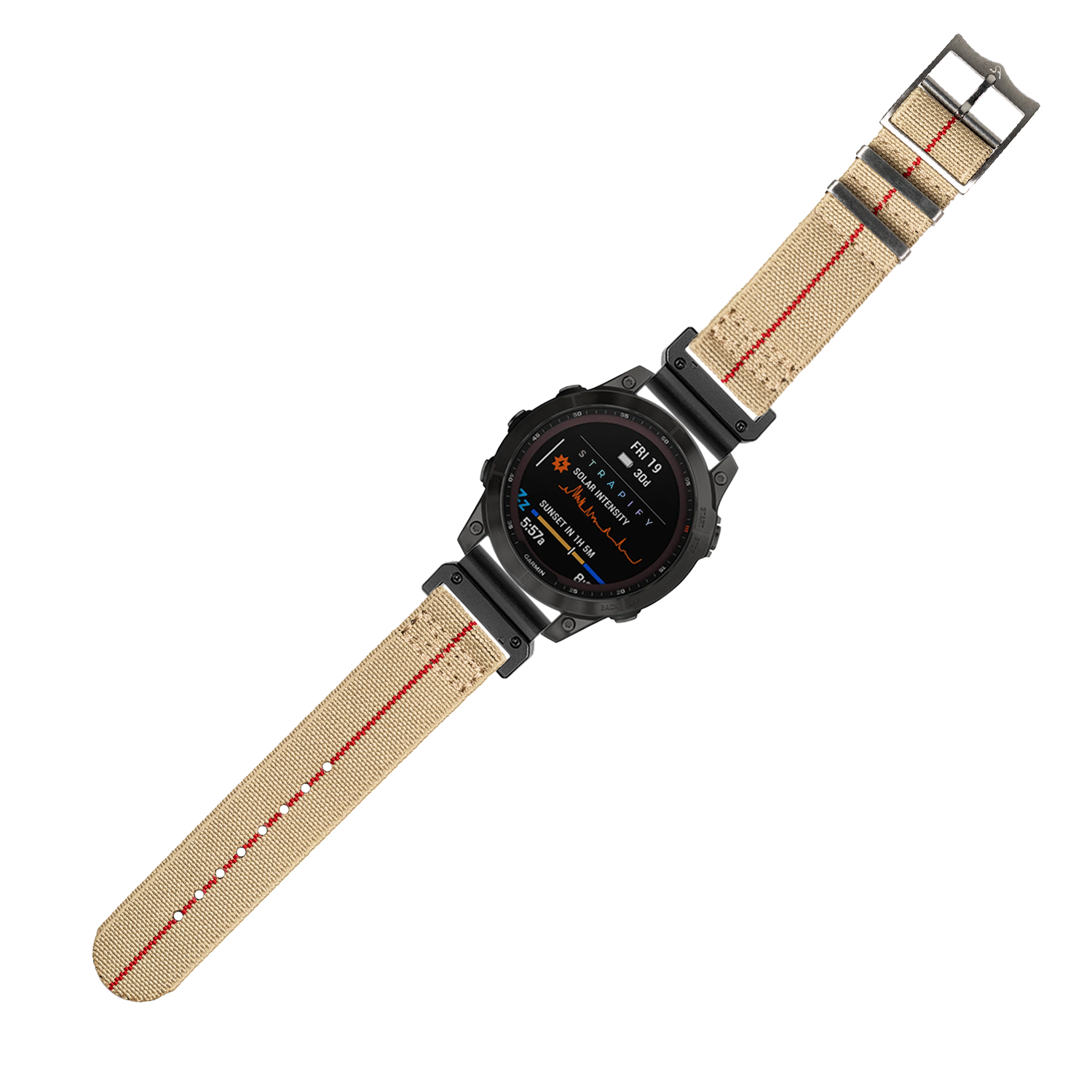 Black digital smartwatch with beige canvas strap featuring red stripe and square buckle, AMOLED display showing metrics