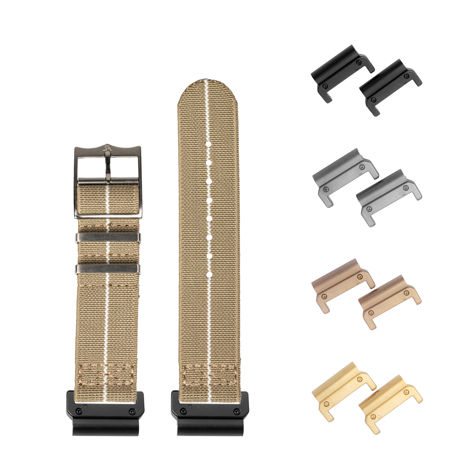 QuickFit ElastoFlex desert sand watch strap with white stitching, includes multiple metal keeper loops in black, silver, rose gold and gold finishes