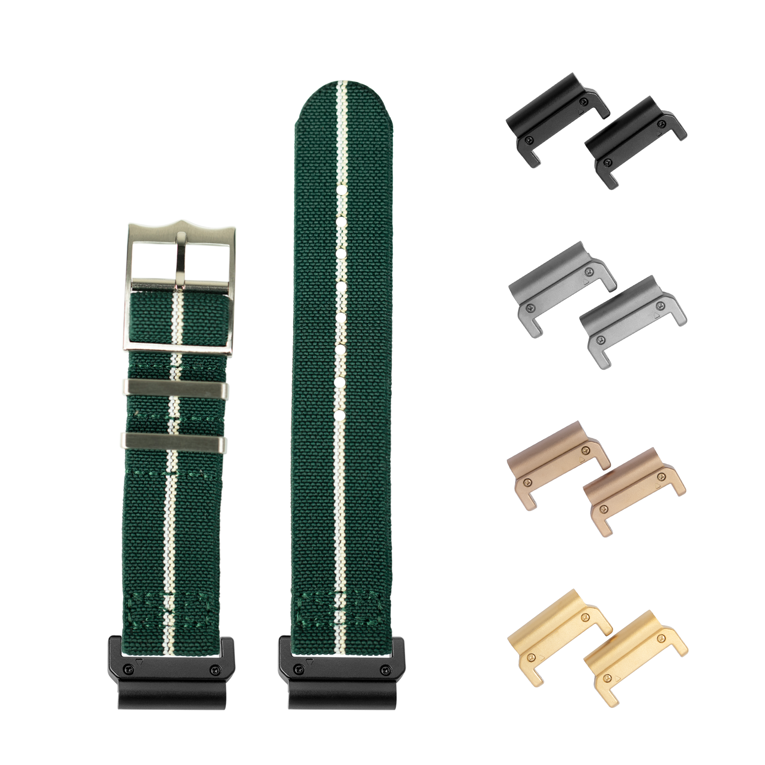 Green fabric watch strap with white stripe and interchangeable metal lugs in black, silver, bronze, and gold finishes