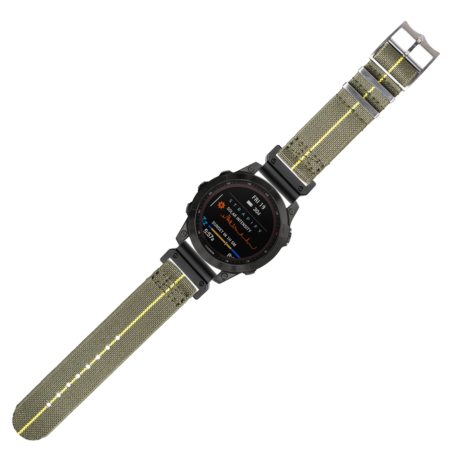 Black digital smartwatch with green and yellow striped elastomer QuickFit band and AMOLED display showing fitness metrics