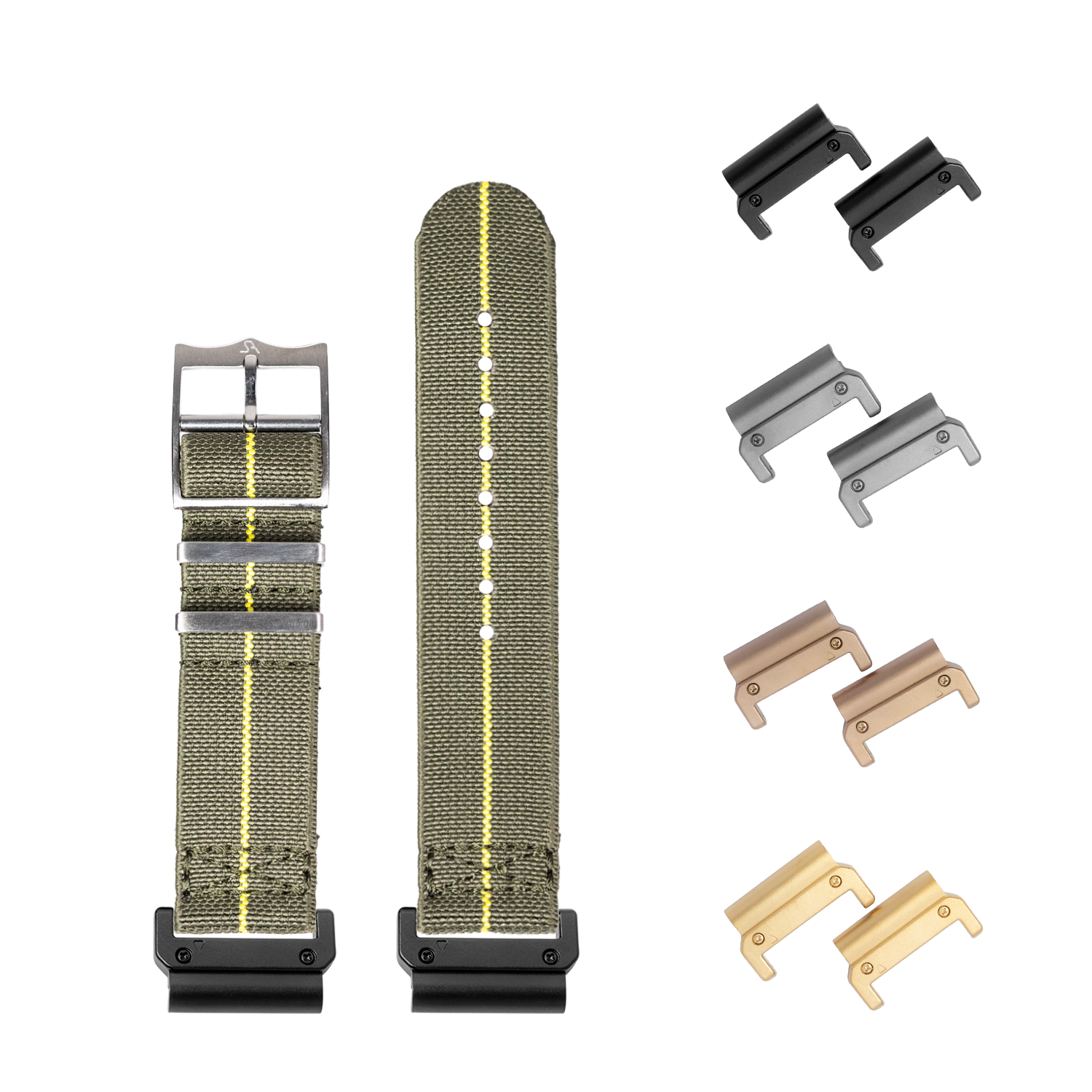 QuickFit ElastoFlex green and yellow fabric watch strap with interchangeable metal lugs in black, silver, bronze and gold finishes