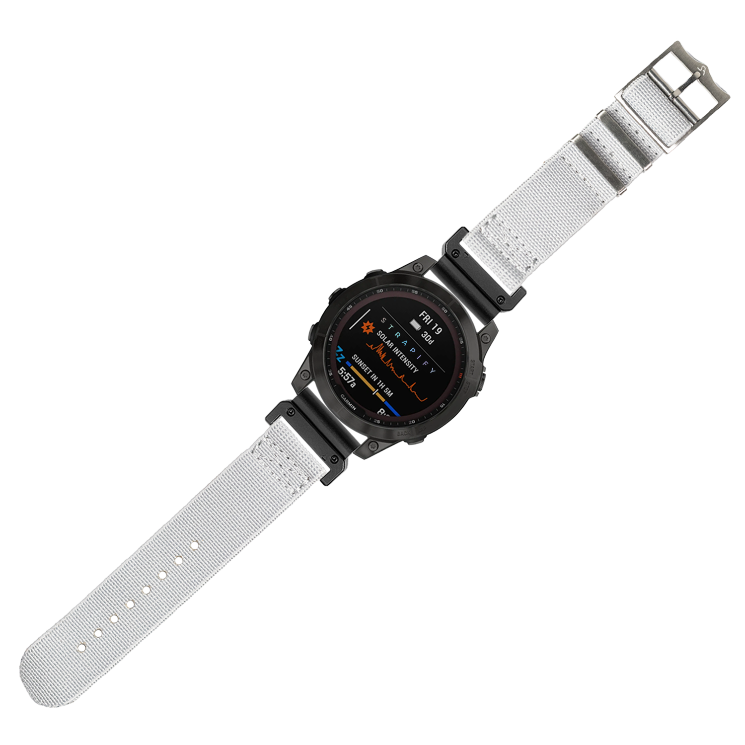 Tactical smartwatch with black case, AMOLED display showing fitness metrics, and grey fabric quick-release strap