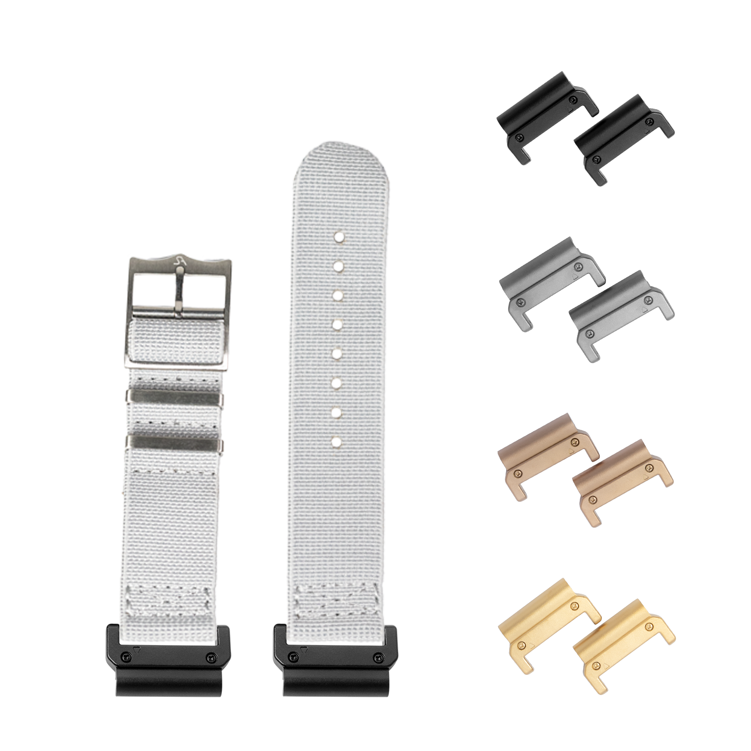 QuickFit ElastoFlex grey fabric watch band 22mm with interchangeable metal lugs in black, silver, bronze and gold finishes
