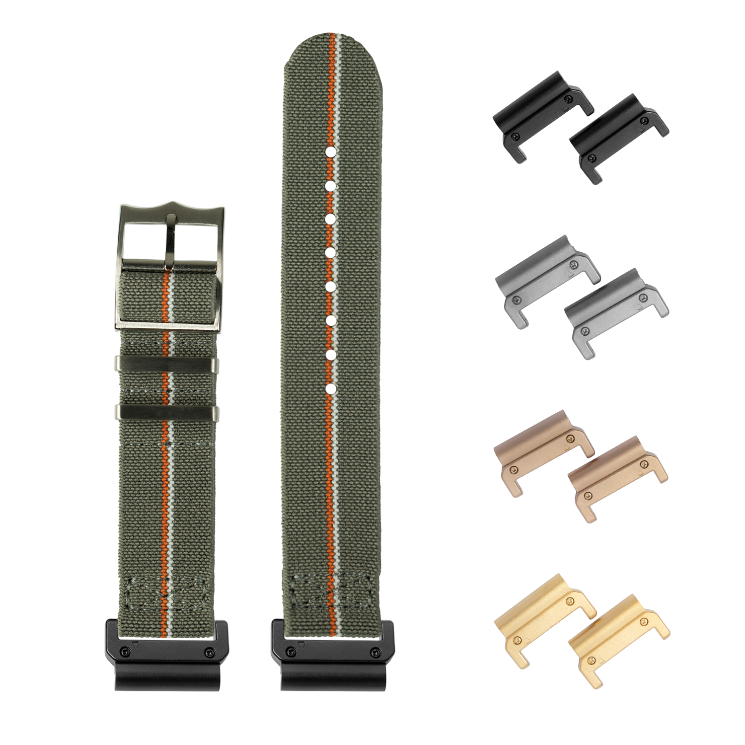 QuickFit ElastoFlex 22mm olive green fabric watch strap with orange stripe, metal buckle, and interchangeable lugs in black, silver, bronze and gold finishes