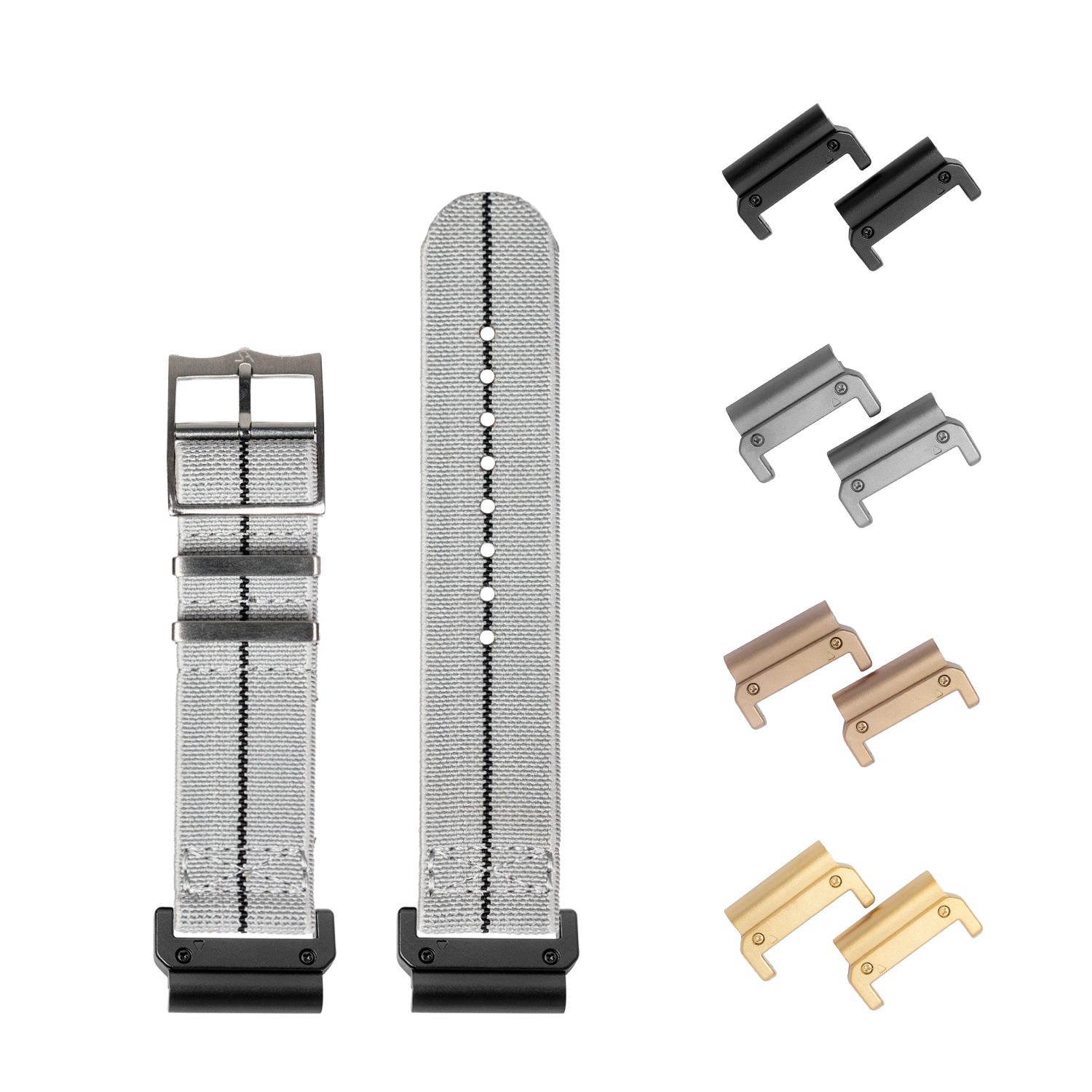QuickFit ElastoFlex grey and black 22mm watch band with multiple metal buckle adapters in black, silver, bronze and gold finishes
