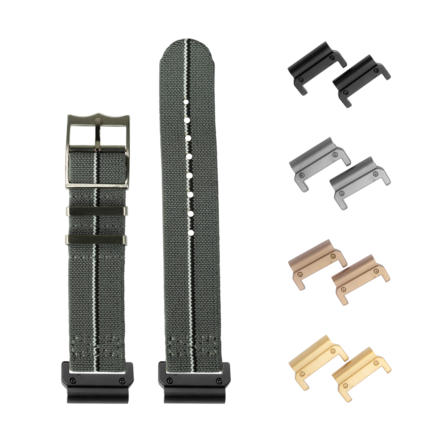 QuickFit ElastoFlex watch bands in grey with multiple interchangeable metal hardware connectors in black, silver, bronze and gold finishes