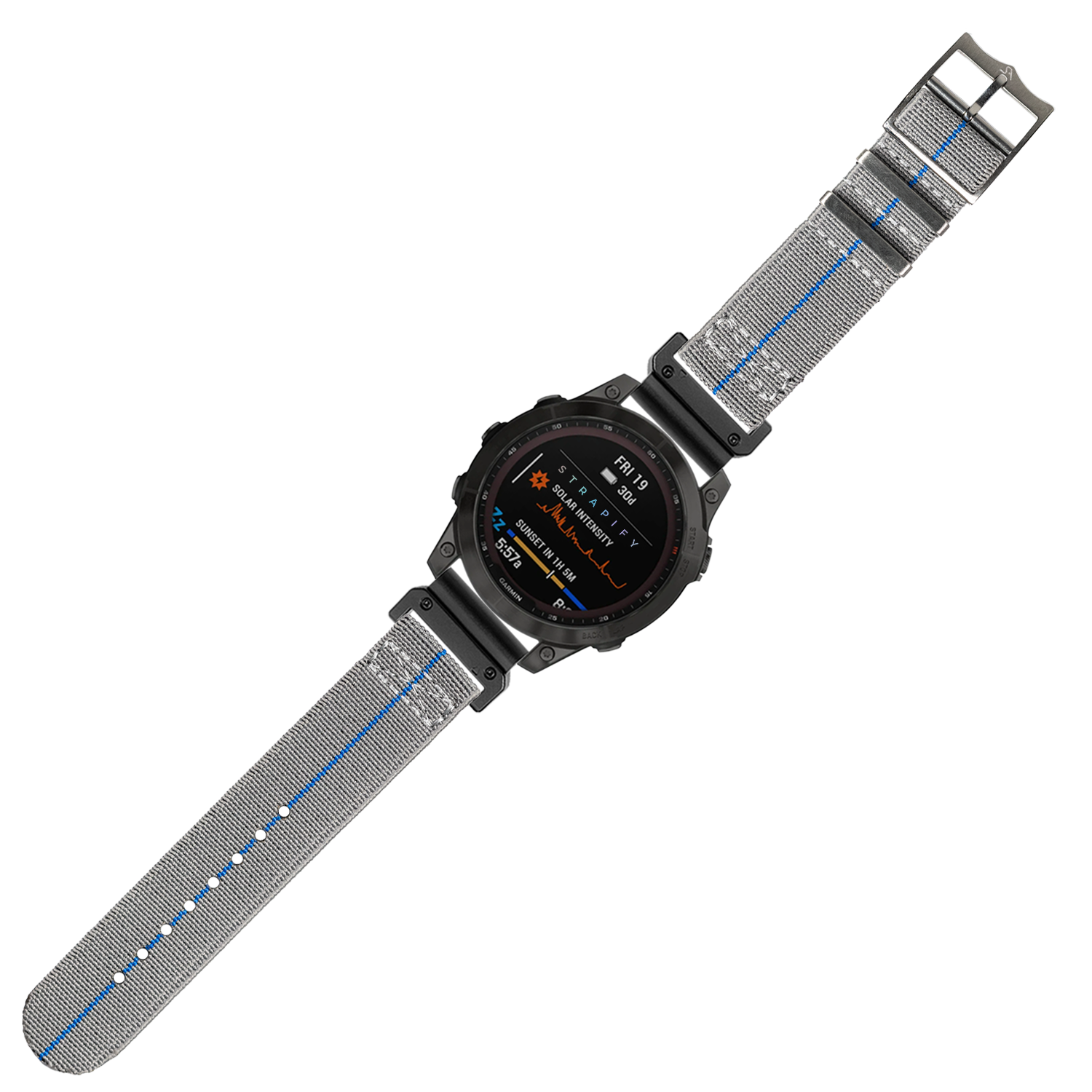 Black digital smartwatch with grey and blue elasticated fabric band, displaying fitness metrics on AMOLED screen