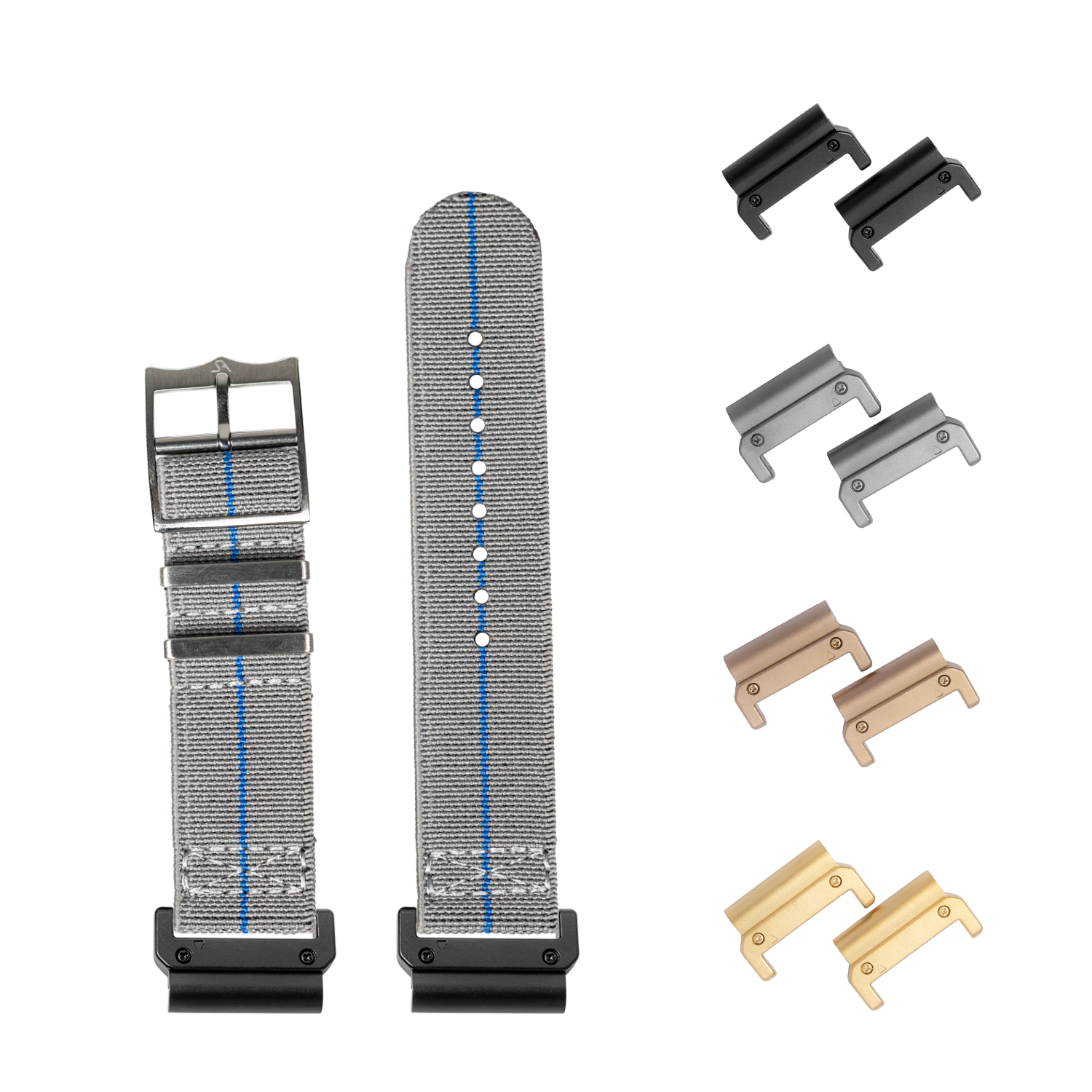 QuickFit ElastoFlex grey fabric watch strap with blue stripe 22mm and interchangeable metal connectors in black, silver, bronze and gold
