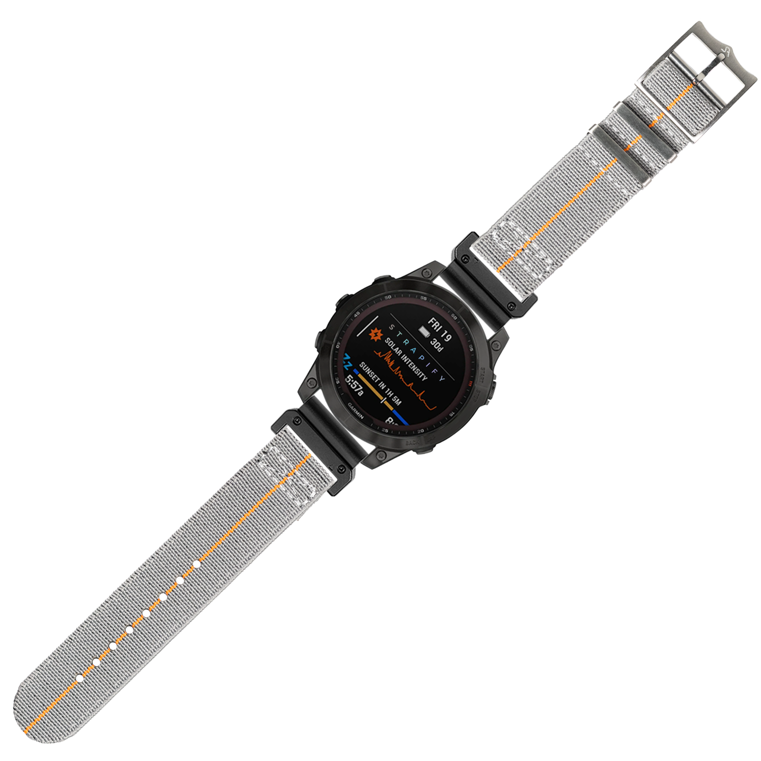 Black digital smartwatch with grey and orange fabric QuickFit strap featuring elasticated design and metal hardware