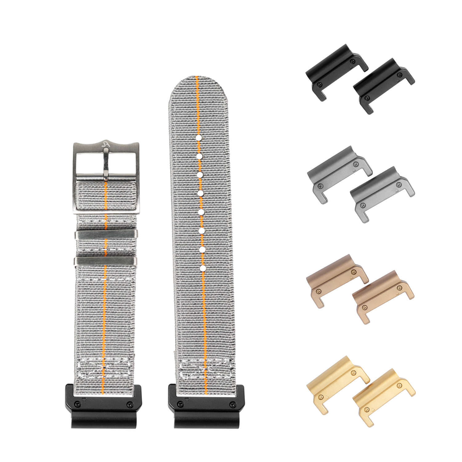 Interchangeable watch strap system with grey elasticated bands, orange stitching, metal buckle, and multiple connector hardware in black, silver, bronze and gold finishes