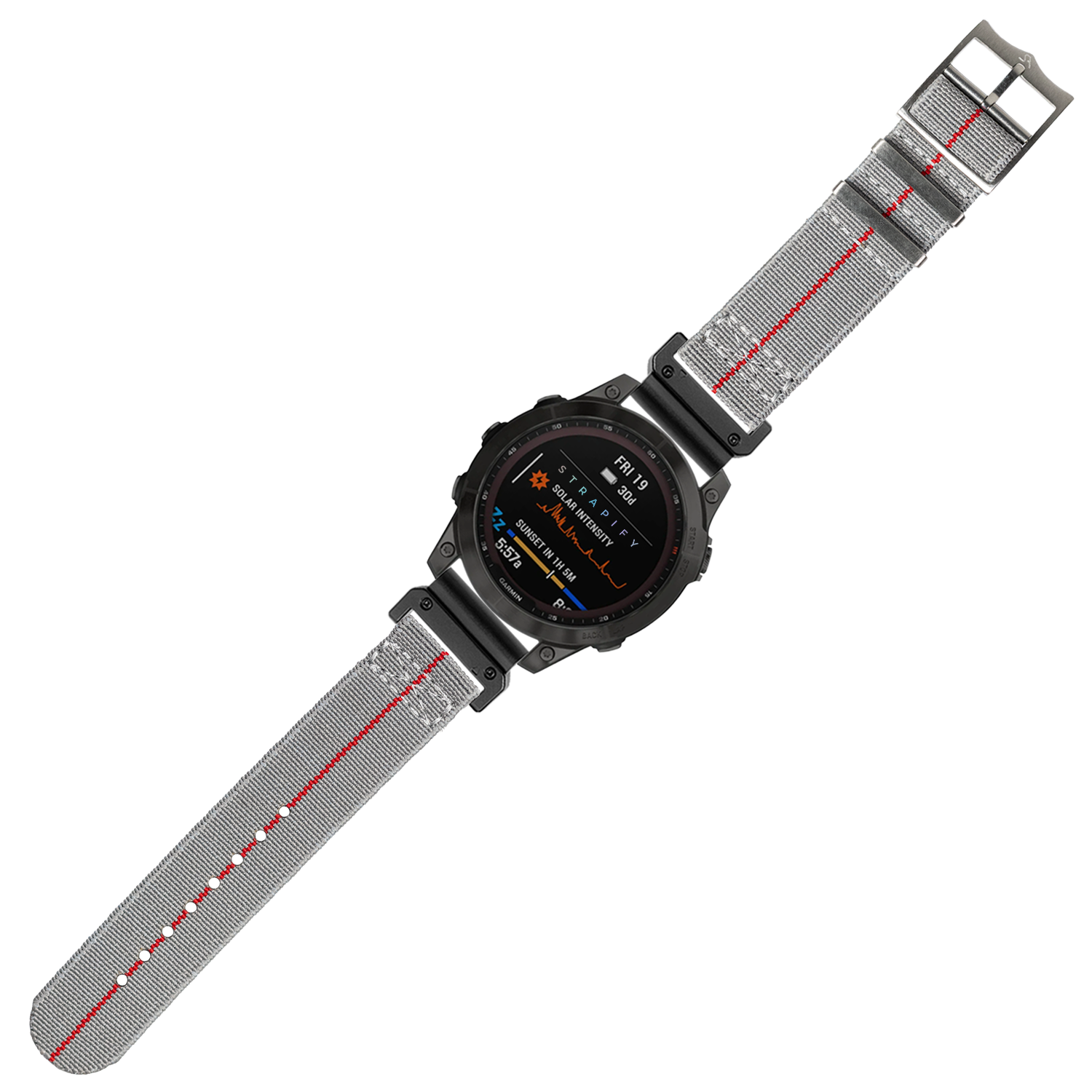 Black digital smartwatch with grey fabric strap and red accent stitching, displaying fitness metrics on AMOLED screen