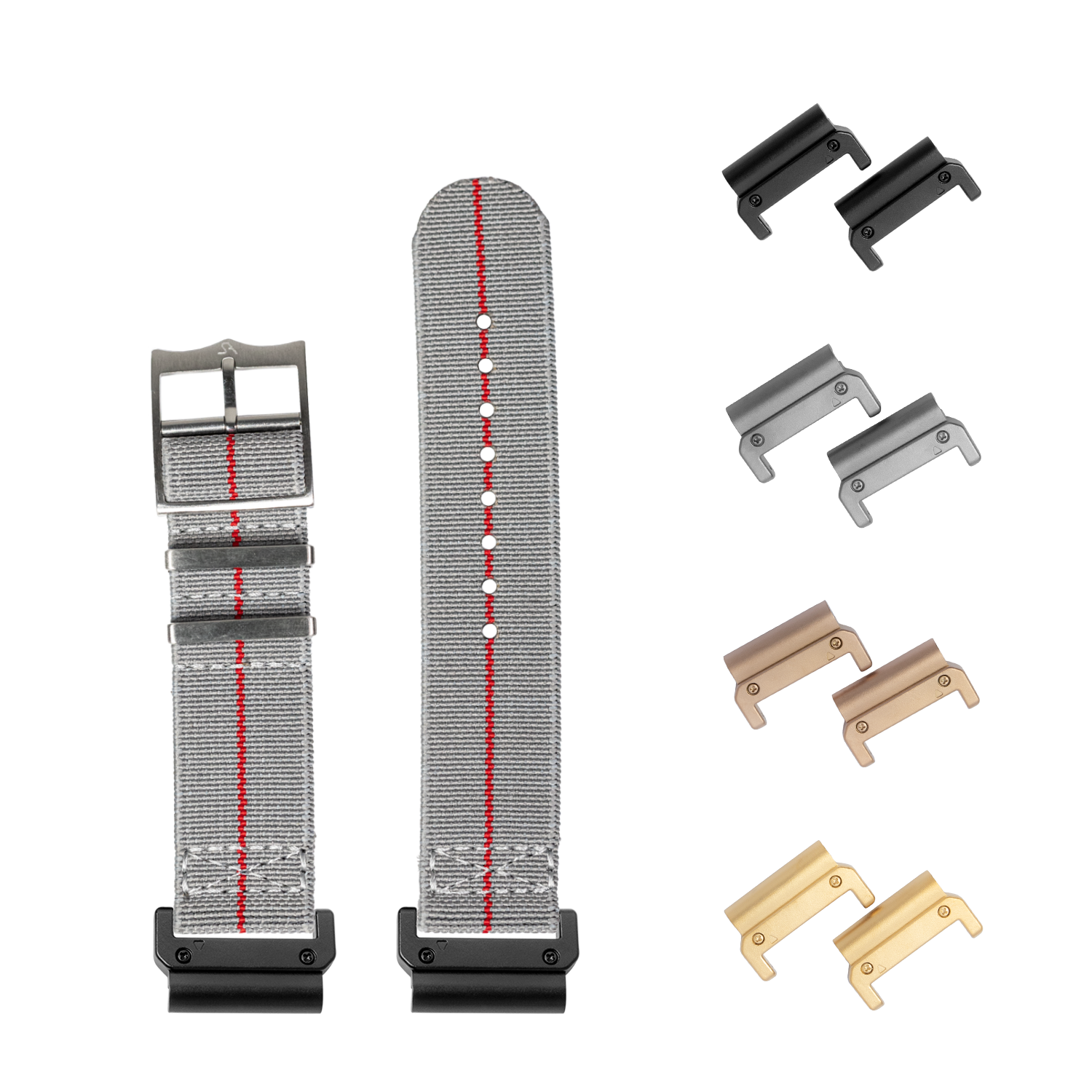 QuickFit ElastoFlex grey watch strap with red center line and interchangeable metal keeper bars in black, silver, bronze and gold finishes