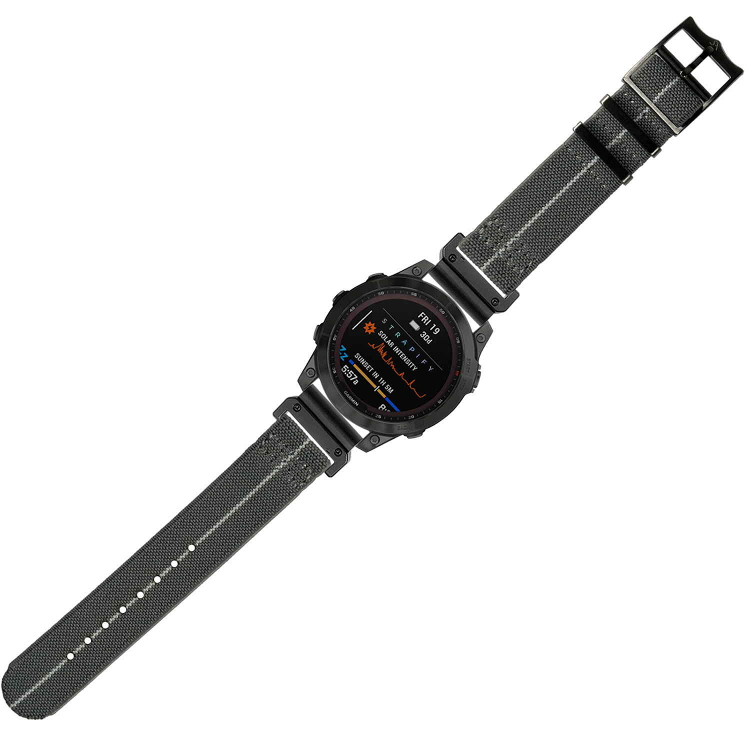 Black digital smartwatch with grey fabric band and heart rate monitor display