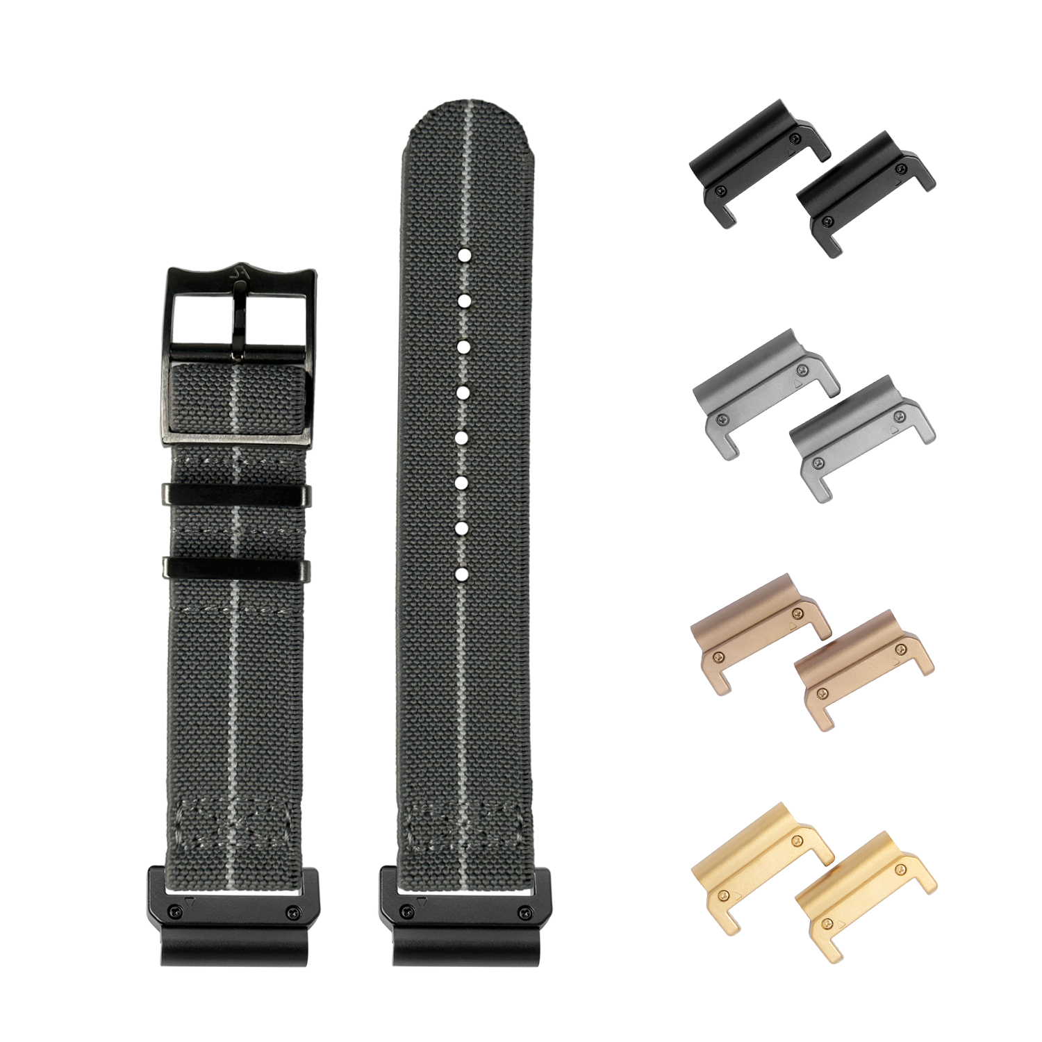 QuickFit ElastoFlex grey and white 22mm watch band with interchangeable lugs in black, silver, bronze and gold finishes