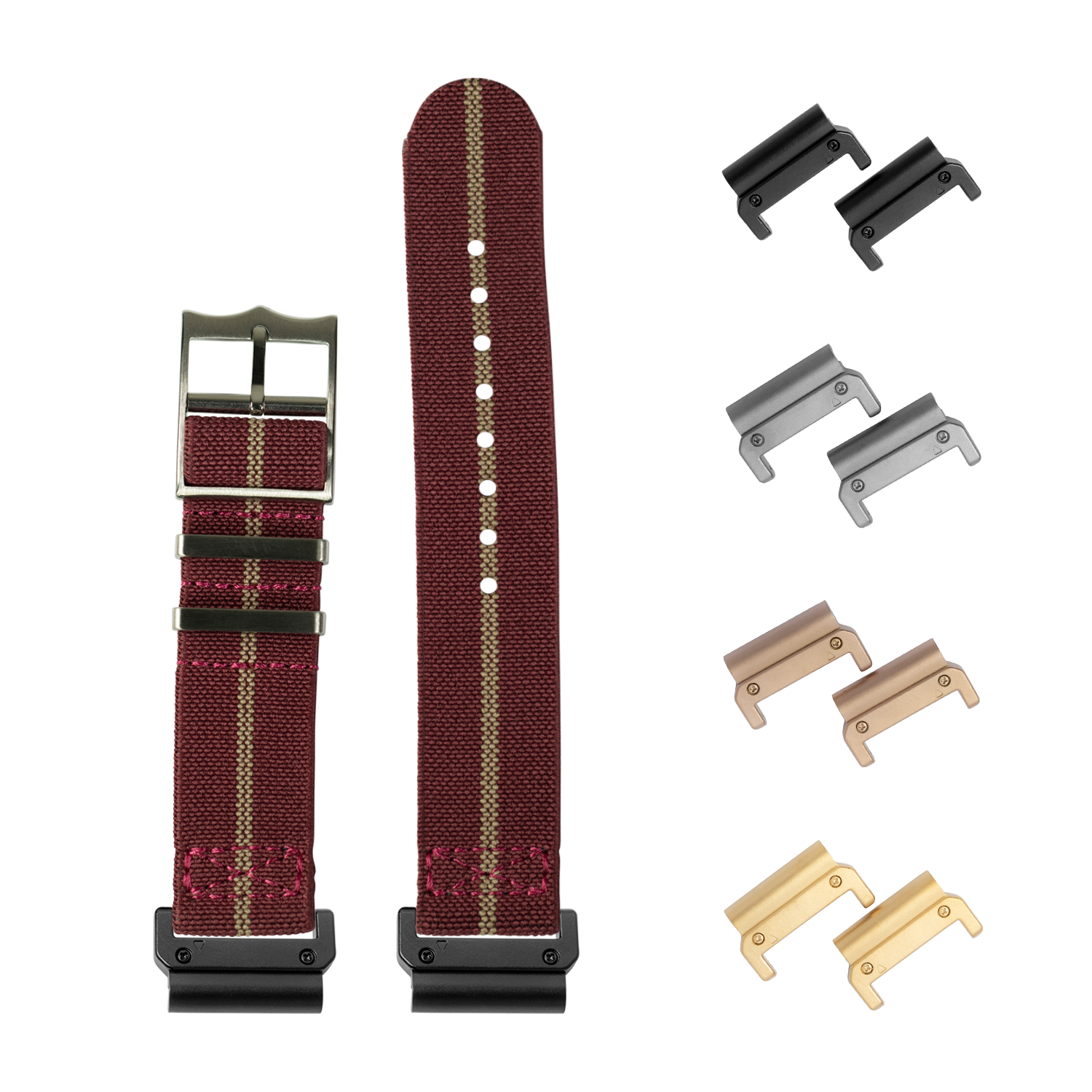 Maroon and wheat striped fabric watch band with interchangeable metal buckle lugs in black, silver, bronze and gold finishes