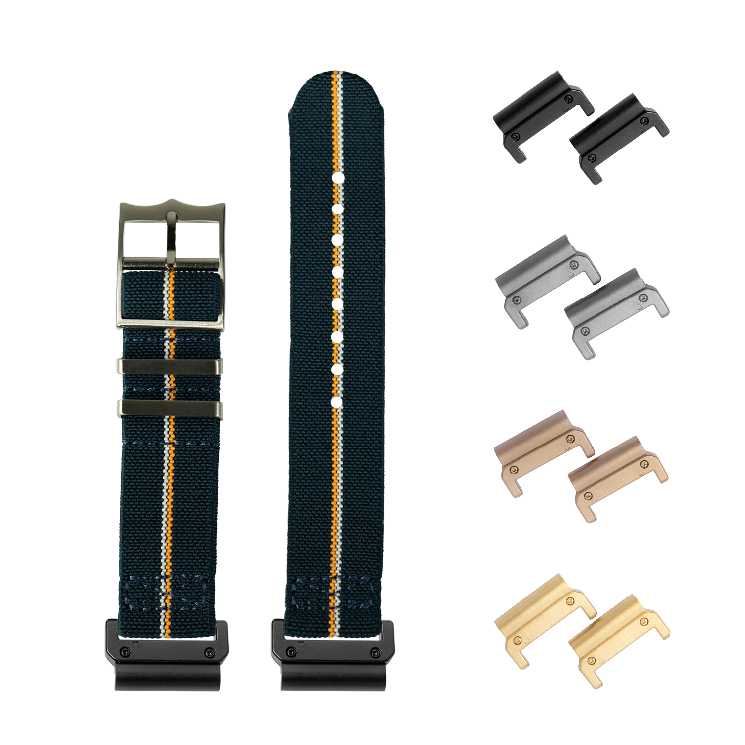 QuickFit ElastoFlex 22mm navy blue elastic watch strap with orange stripe, interchangeable metal connectors included