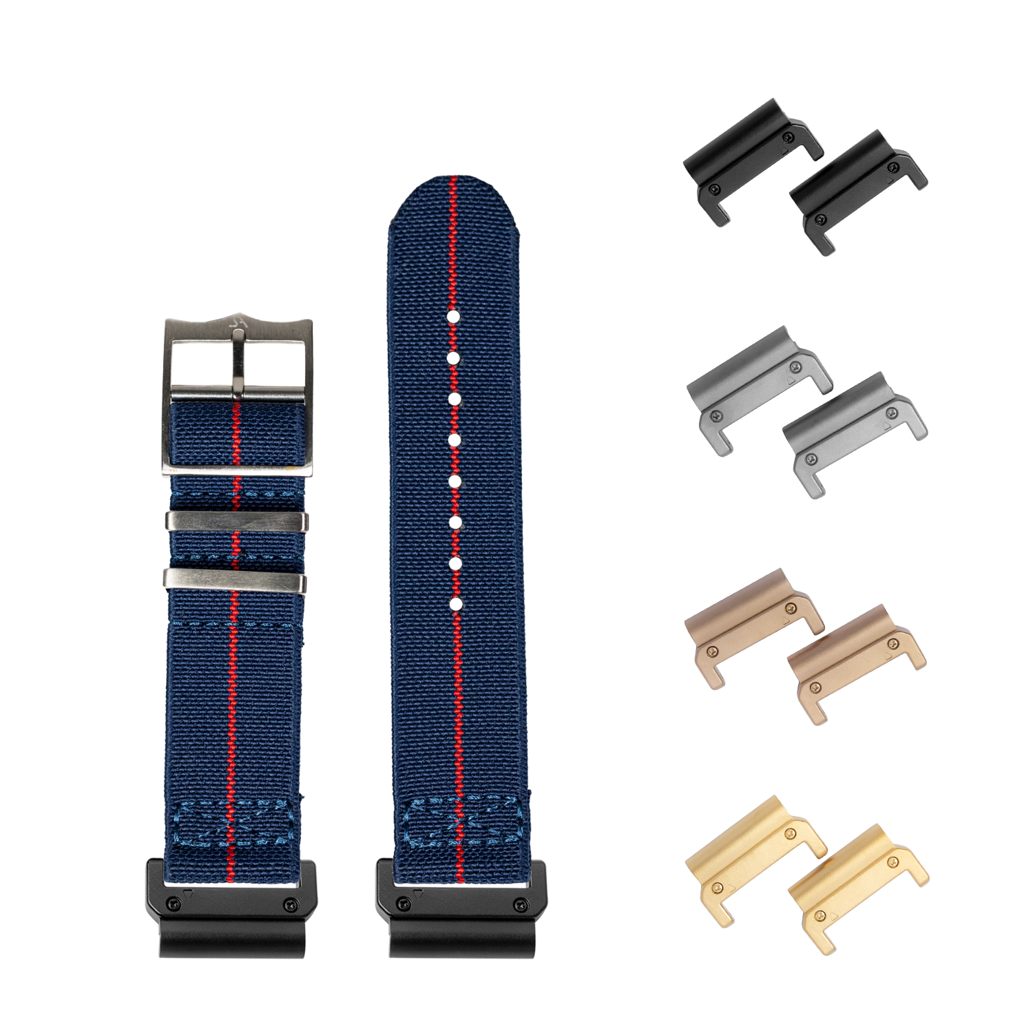 QuickFit ElastoFlex navy blue and red fabric watch band with interchangeable metal lugs in black, silver, bronze and gold finishes