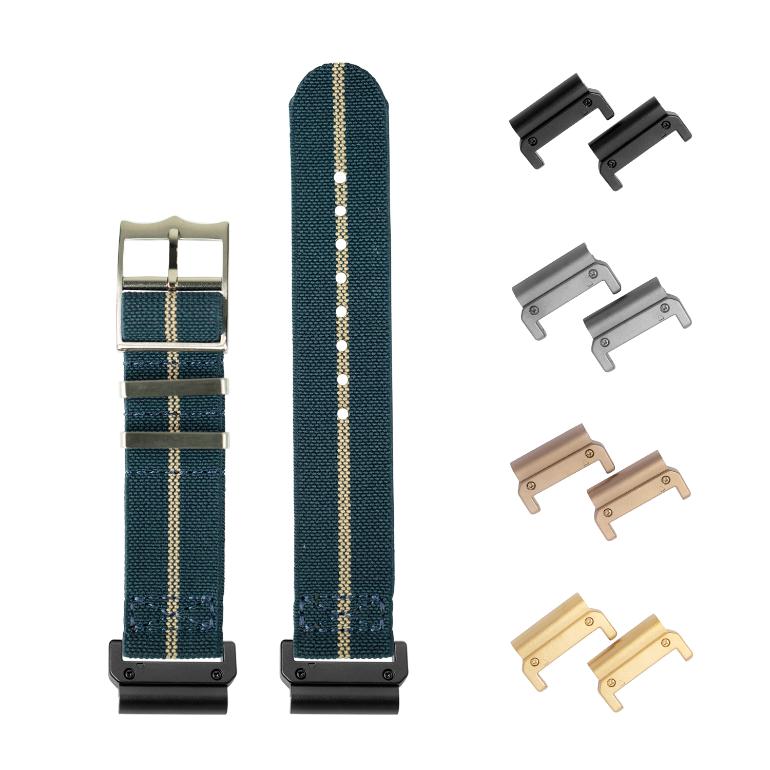 QuickFit ElastoFlex navy blue and wheat fabric watch band 26mm with interchangeable metal lugs in black, silver, bronze, and gold