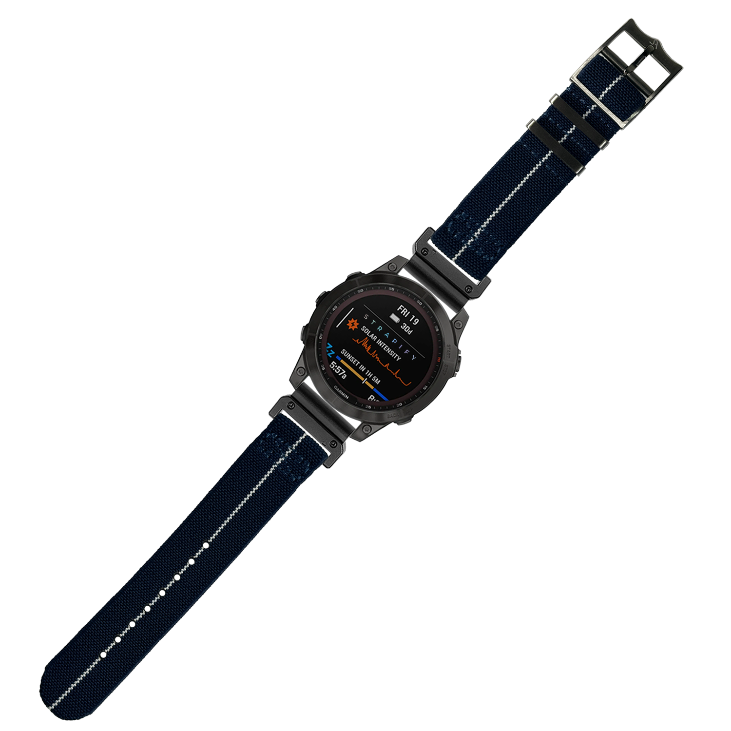 Black digital smartwatch with navy blue textile strap and white stitching, displaying fitness metrics on AMOLED screen