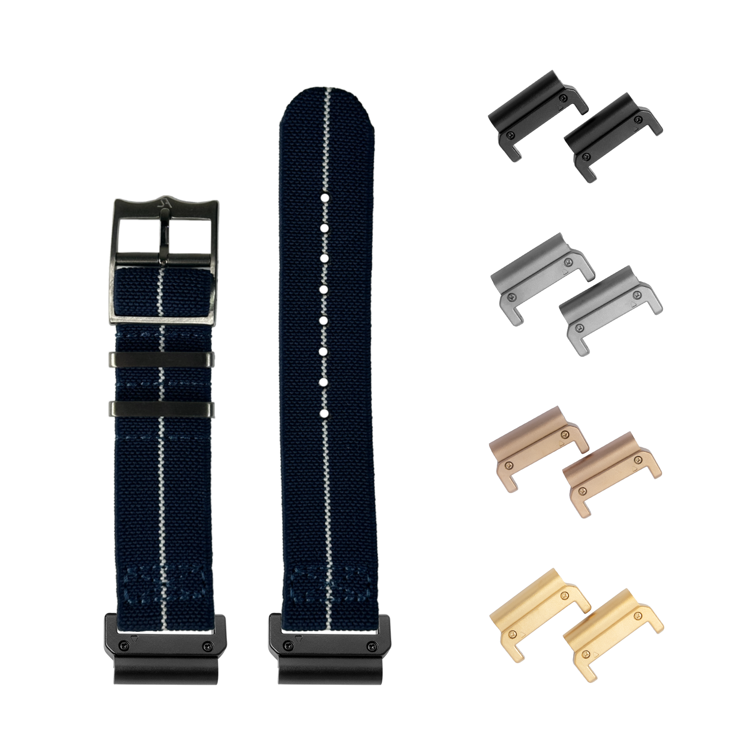 Navy blue and white elasticated watch band with quick release pins and interchangeable metal lugs in black, silver, bronze and gold finishes