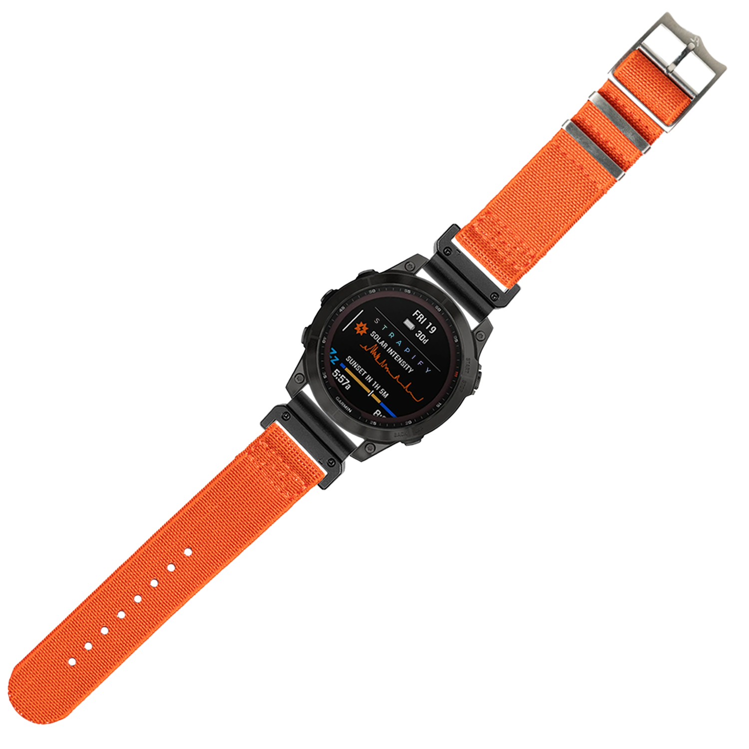 Black digital smartwatch with orange fabric ElastoFlex QuickFit band, featuring AMOLED display showing health metrics and day of week